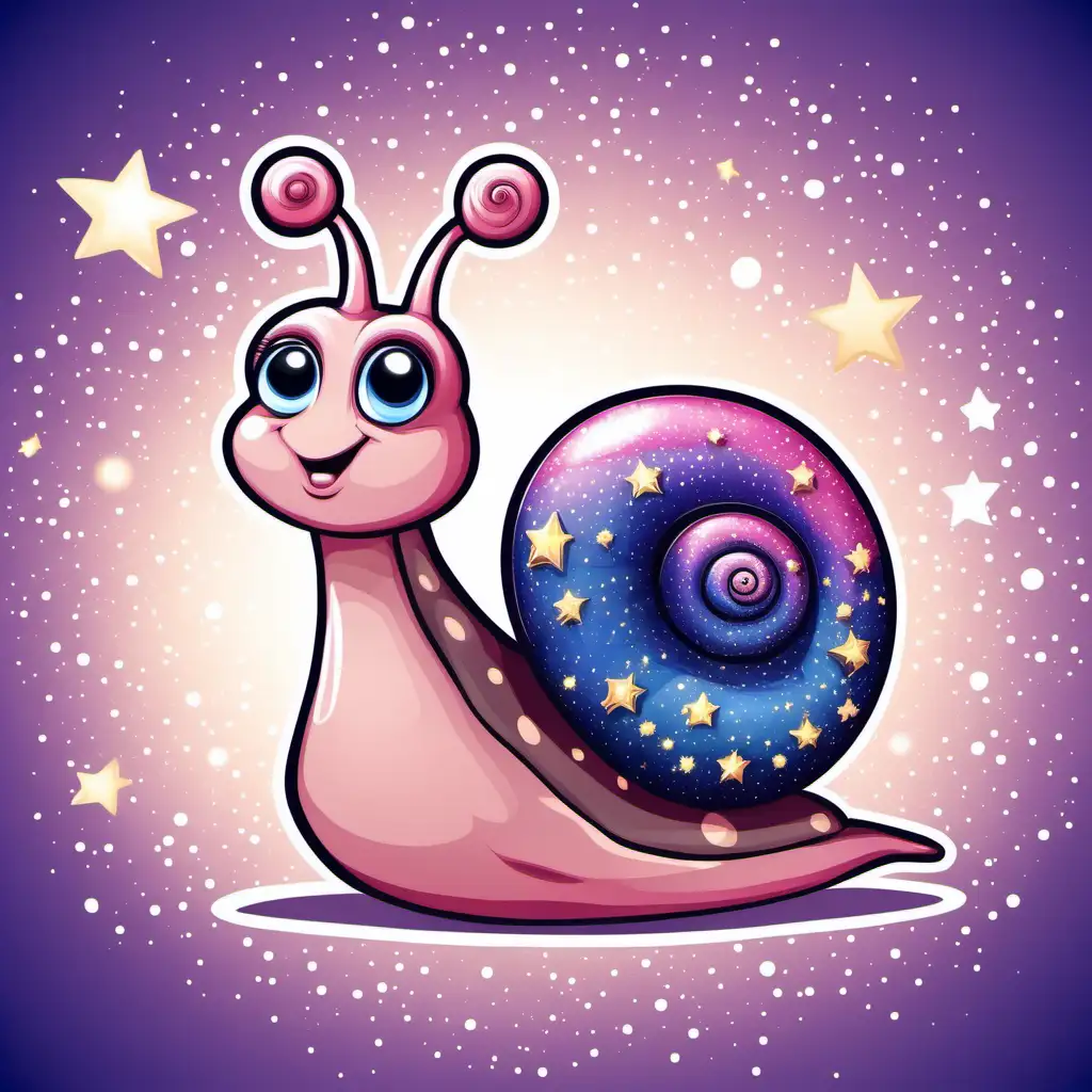 in cute  cartoon vector style, no background at all, a shy, timid, feminine snail whose body is a pink shimmery color with a dark blue shell that has lots of beautiful sparkling stars all over it make sure the is no background