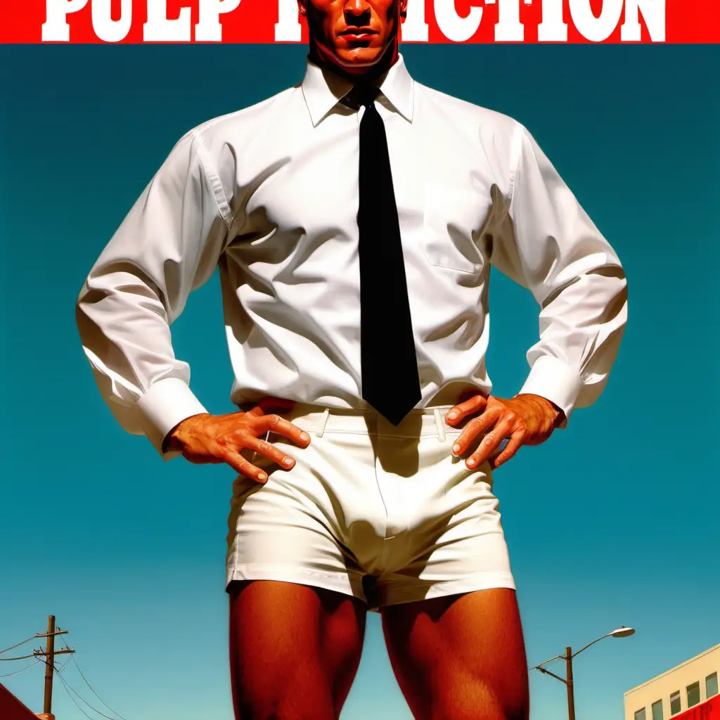a pulp fiction book cover in the style of Robert Mcginny of 1 striking handsome man wearing white shirt, tie jacket no pants. Is wearing no pants, bare legs. no pants at all! bare muscular legs, naked legs, no pants. picture angel from below lookig upp
