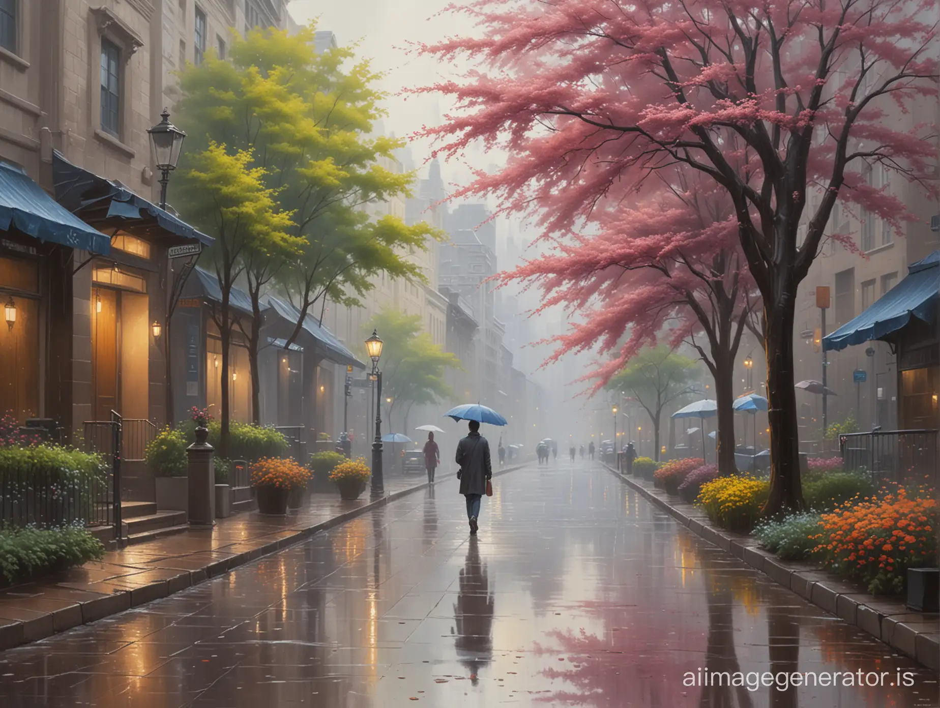 a painting of a person walking in the rain, a fine art painting, fantasy art, blossoming path to heaven, city morning, andy park, beautiful oil painting on canvas