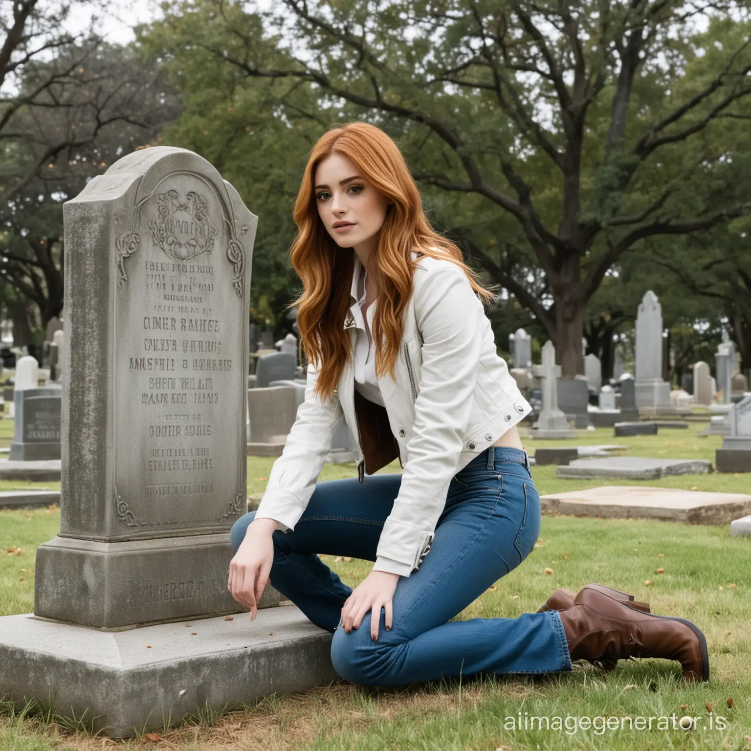 katherine mcnamara wearing a brown leather jacket, white shirt, and blue jeans kneeling down in front of a tombstone in a cemetery