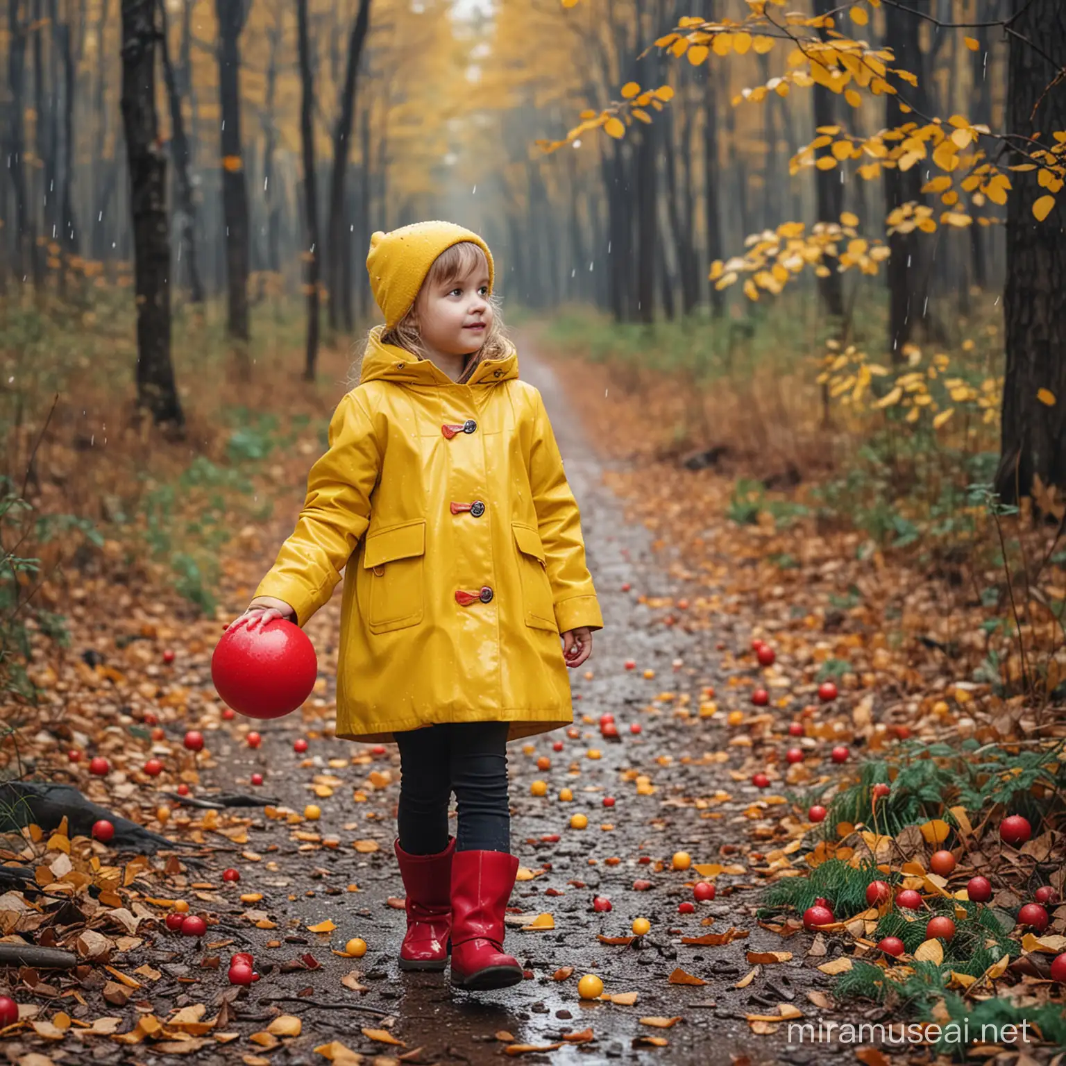 Маленькая девочка в жёлтом плаще с красным шариком в руках под дождём в осеннем лесу 