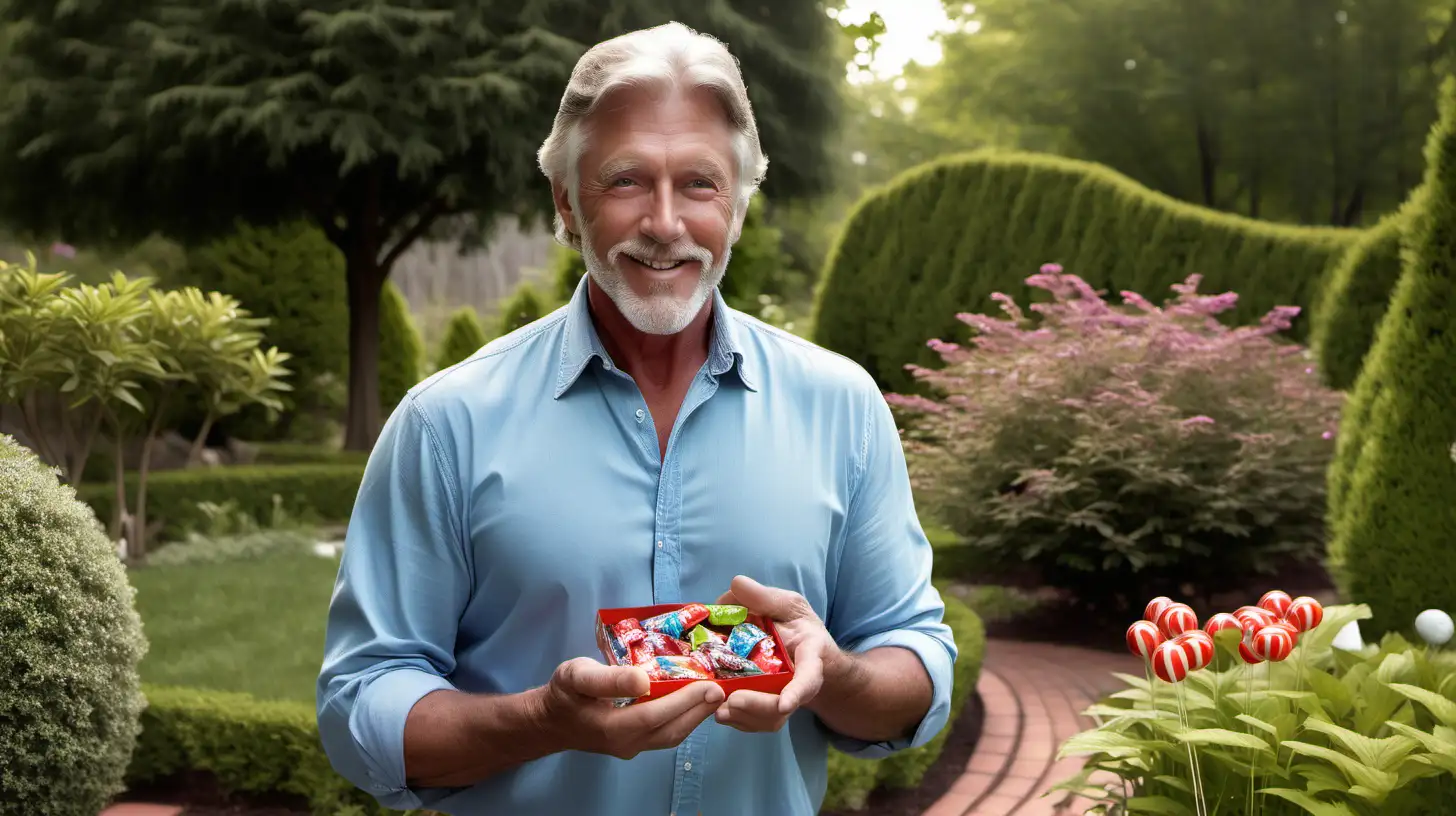 Handsome American man of 45 years in beautiful garden  offers one single small candy