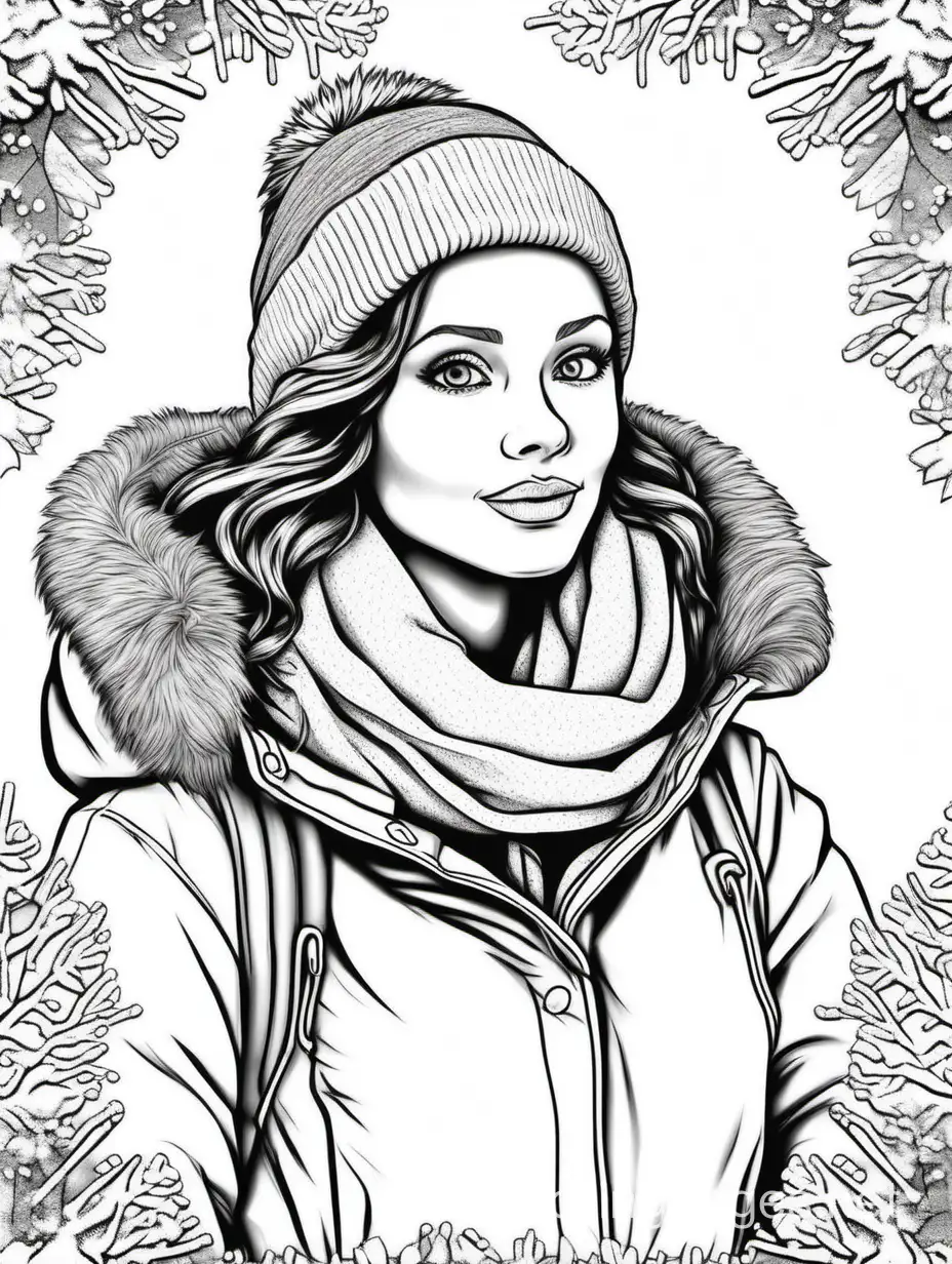 photo in grayscale lady is cold with a wintry background, Coloring Page, black and white, line art, white background, Simplicity, Ample White Space. The background of the coloring page is plain white to make it easy for young children to color within the lines. The outlines of all the subjects are easy to distinguish, making it simple for kids to color without too much difficulty