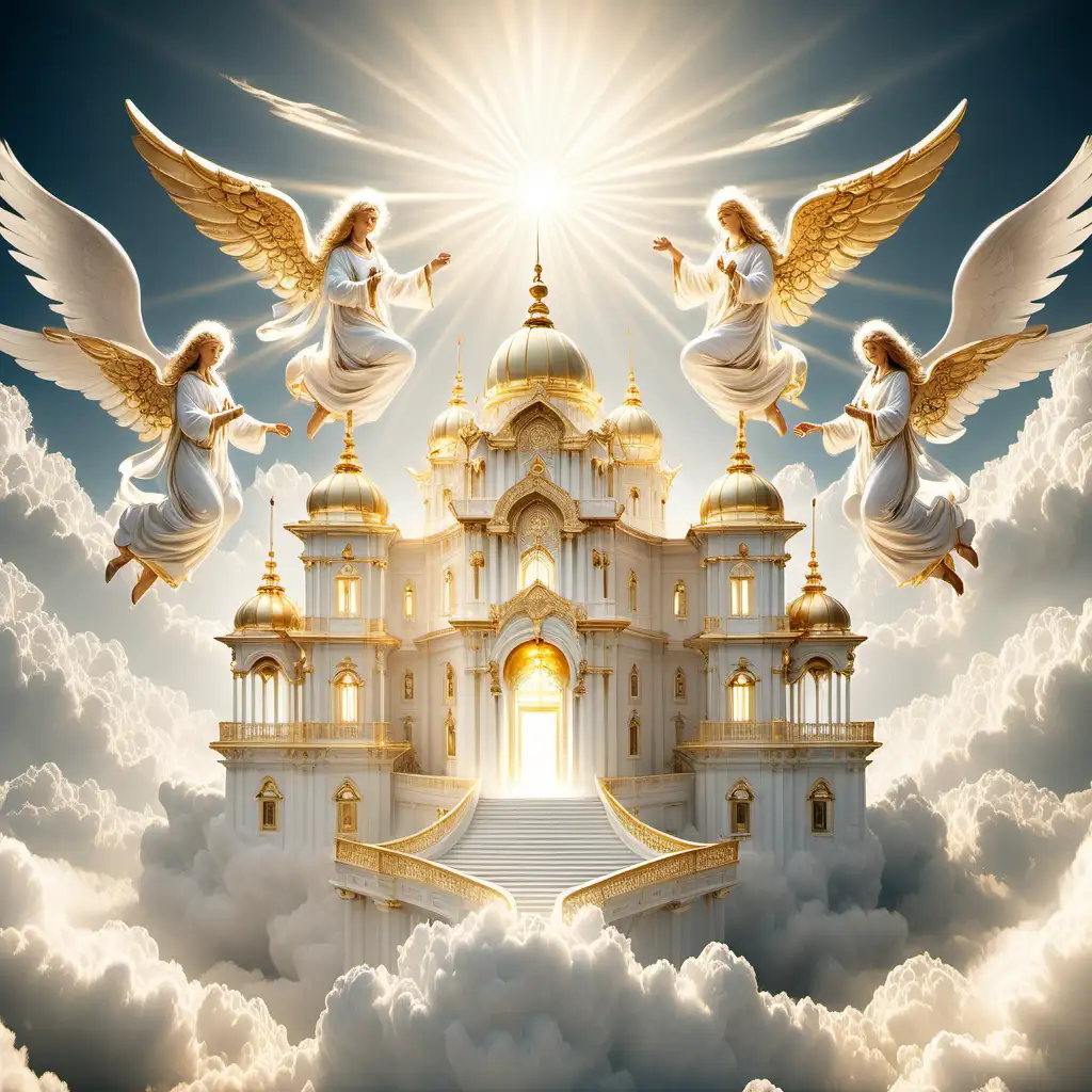 A white golden palace in the clouds shining in the sun with angels flying around it