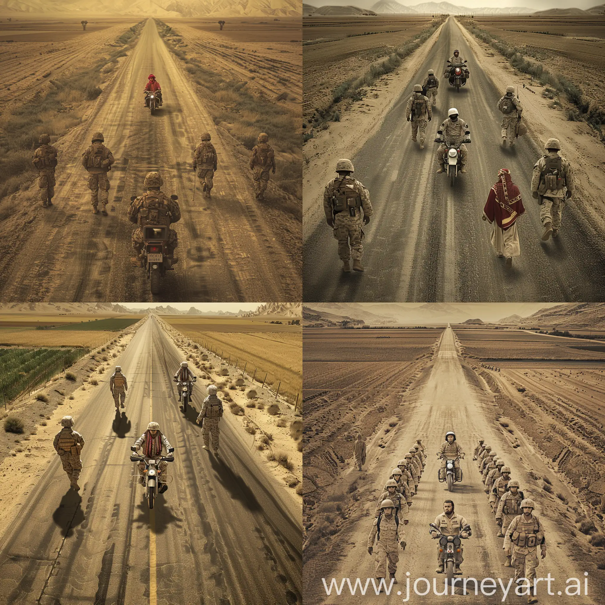 a photorealistic image depicting footage from a old camcorder showing a group of Marines patrolling down a desert road in Afghanistan. There are fields to either side. Maybe a motorcyclist dressed in traditional Aghani clothing driving down the middle while the Marines walk on either side of the road.