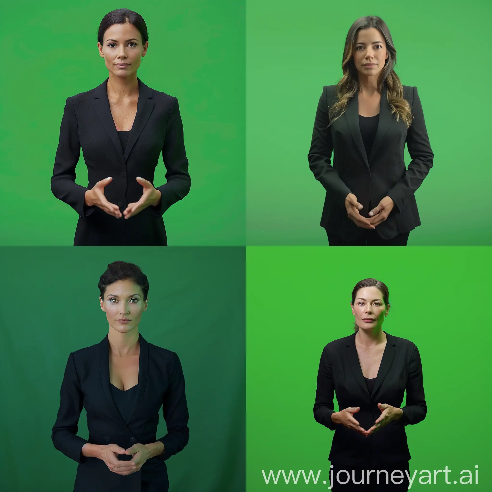 Produce a lifelike portrait of a female news presenter based on a real individual. The image should depict the presenter standing upright, showing their full body, with a natural expression. Their hands should be positioned close to each other in front of them. 
Utilize a high-quality, front-facing photograph with well-defined lighting (avoiding any shadows). 
The background should be chroma keyed with a vibrant green color (#00FF00) to enable seamless integration into various media formats.
 The final image should be in PNG format with dimensions of 1280x1280 pixels.
