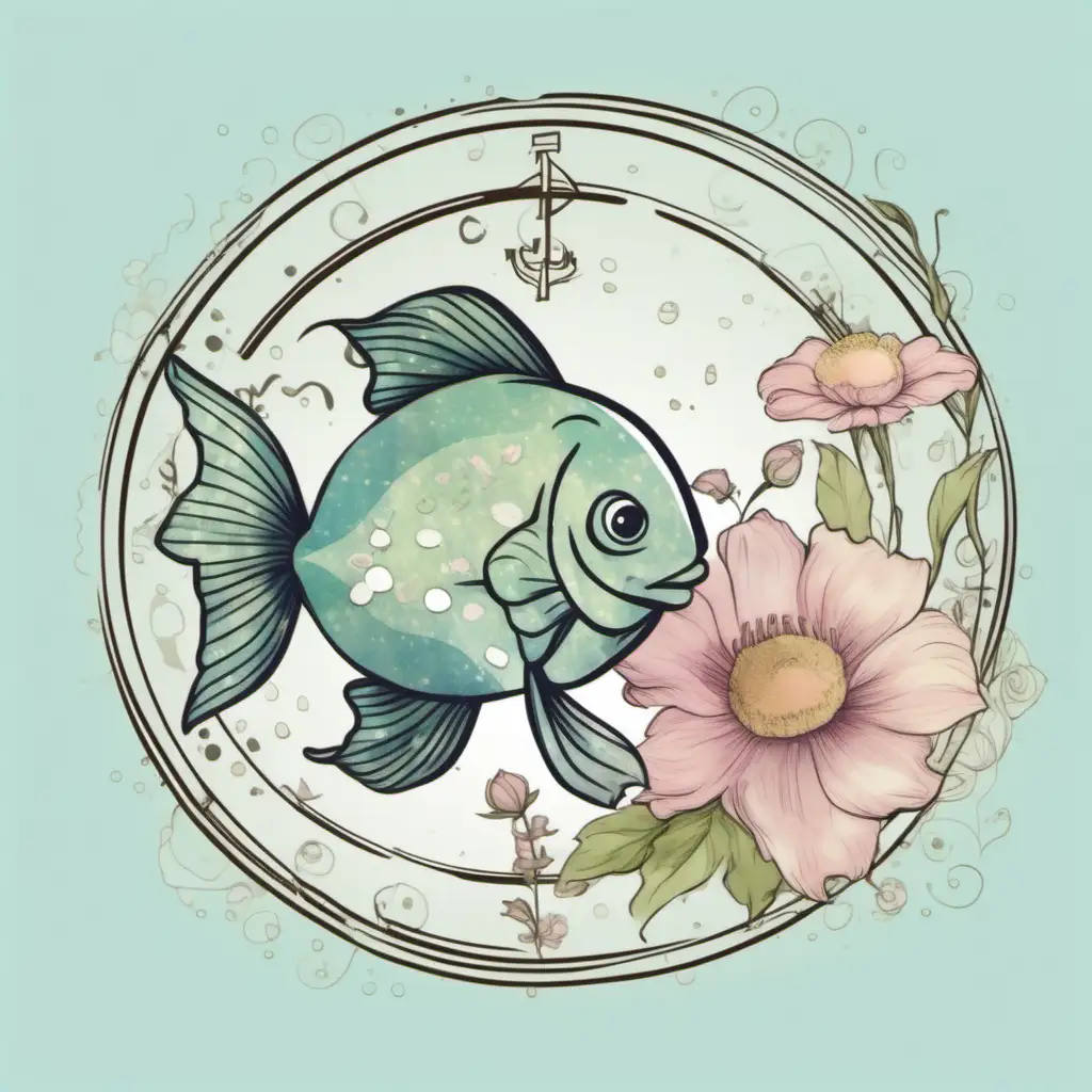 Create a pastel shabby chic  cartoon image of the Pisces zodiac symbol with a complimenting flower embedded in the the symbol on a transparent background