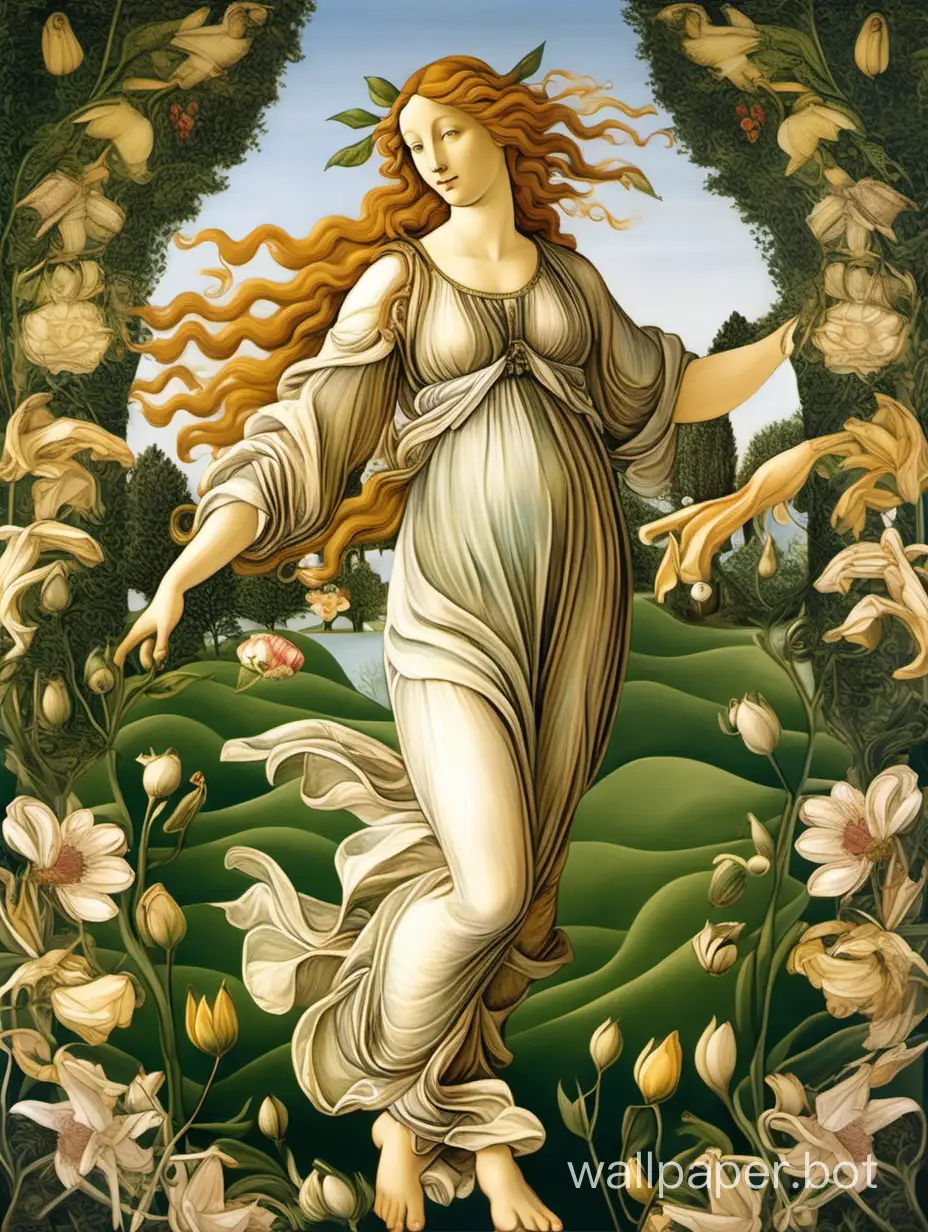 the magic of spring, the goddess of spring walks in the style of Botticelli