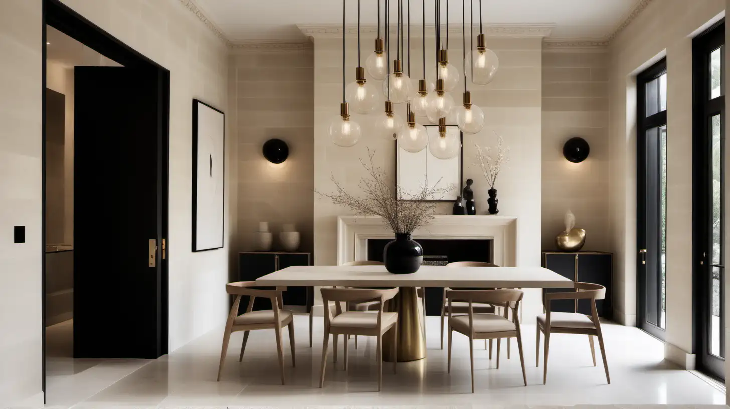 a classic contemporary large home Minimalist homewares store; high ceilings; beige walls; black accents; limestone; blonde oak; brass lighting; 
