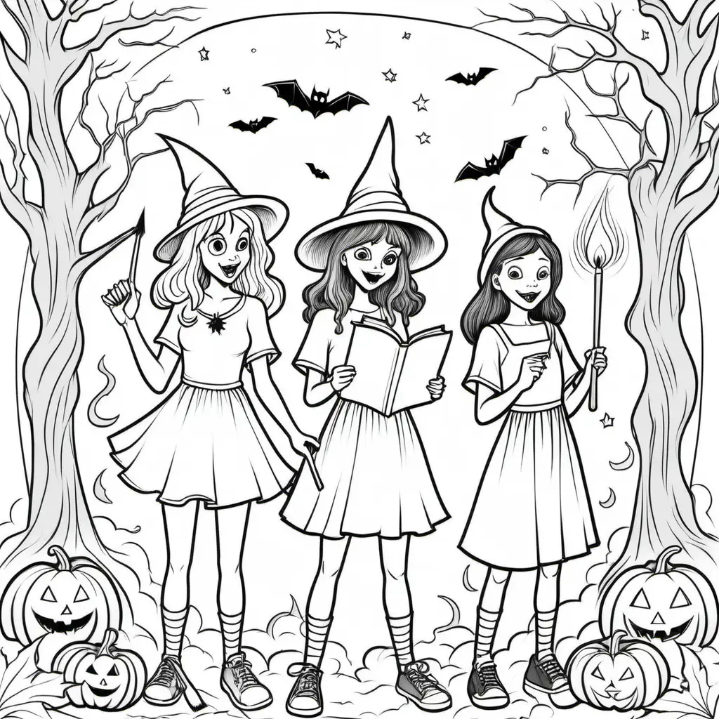 simple black and white halloween coloring book of teenagers casting a spell

