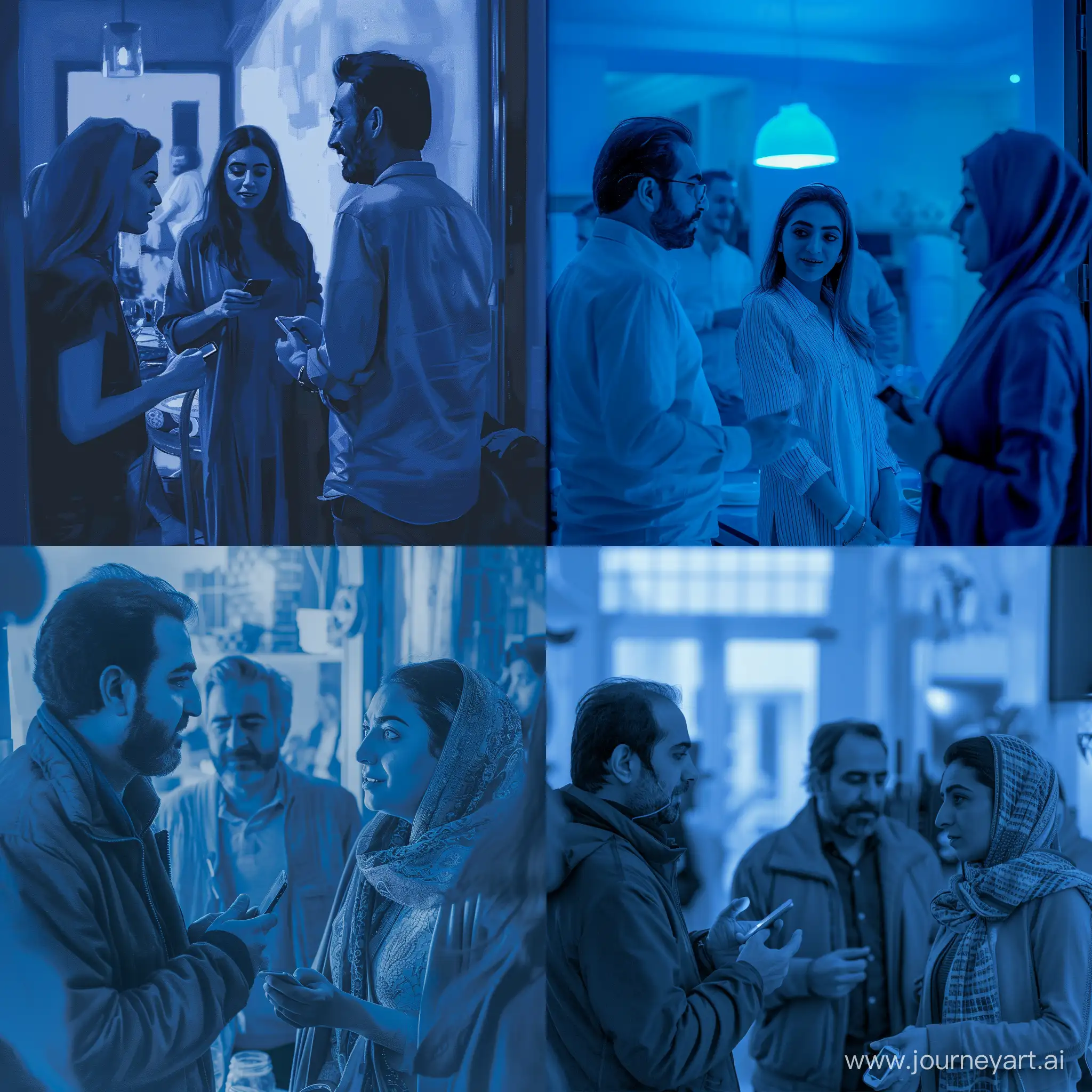 generate a realistic blue-toned picture of a Persian family who has guests. the husband is talking to guests, while the housewife is shopping online with her mobile. the housewife is closer to the camera.