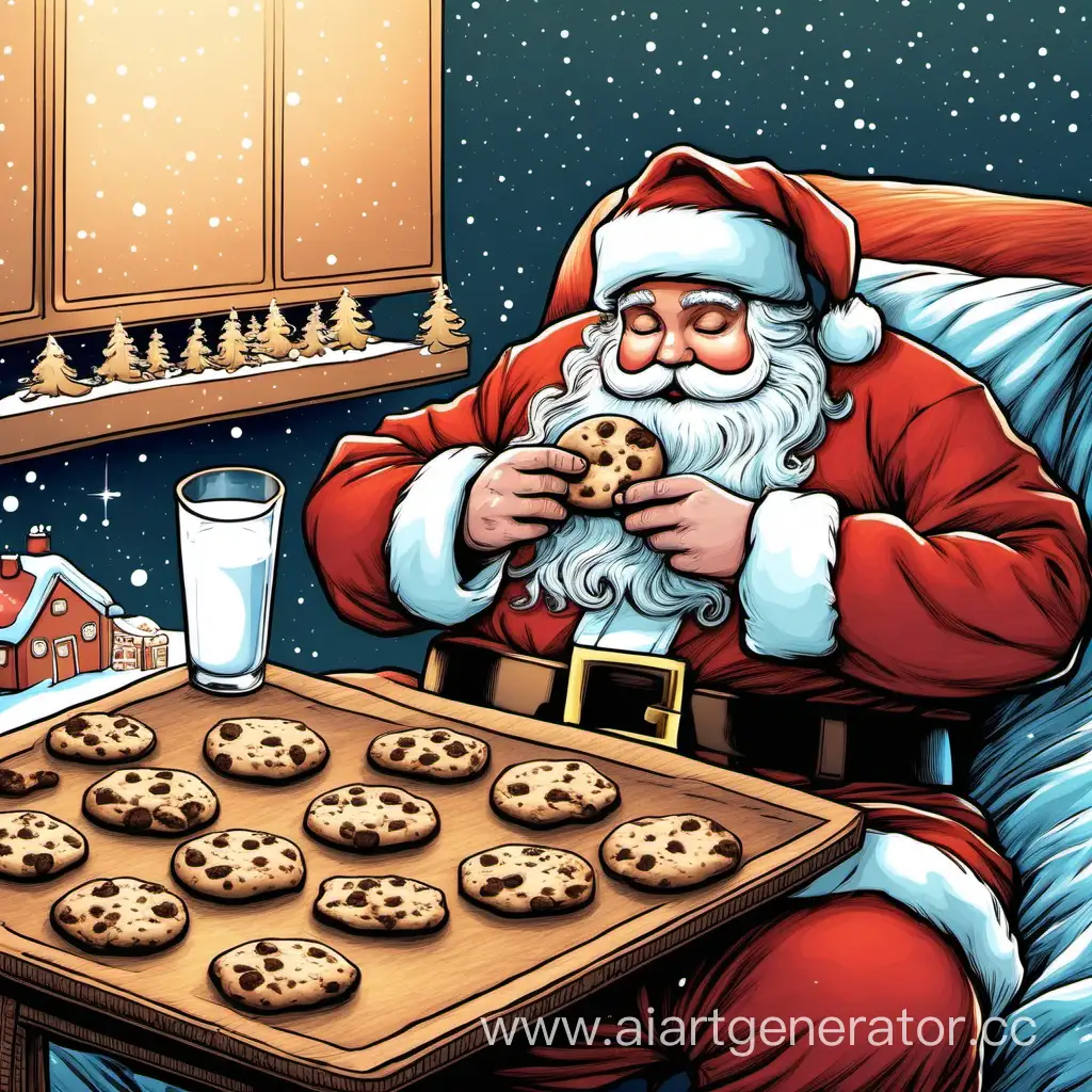 Santa eats cookies with milk while everyone sleep