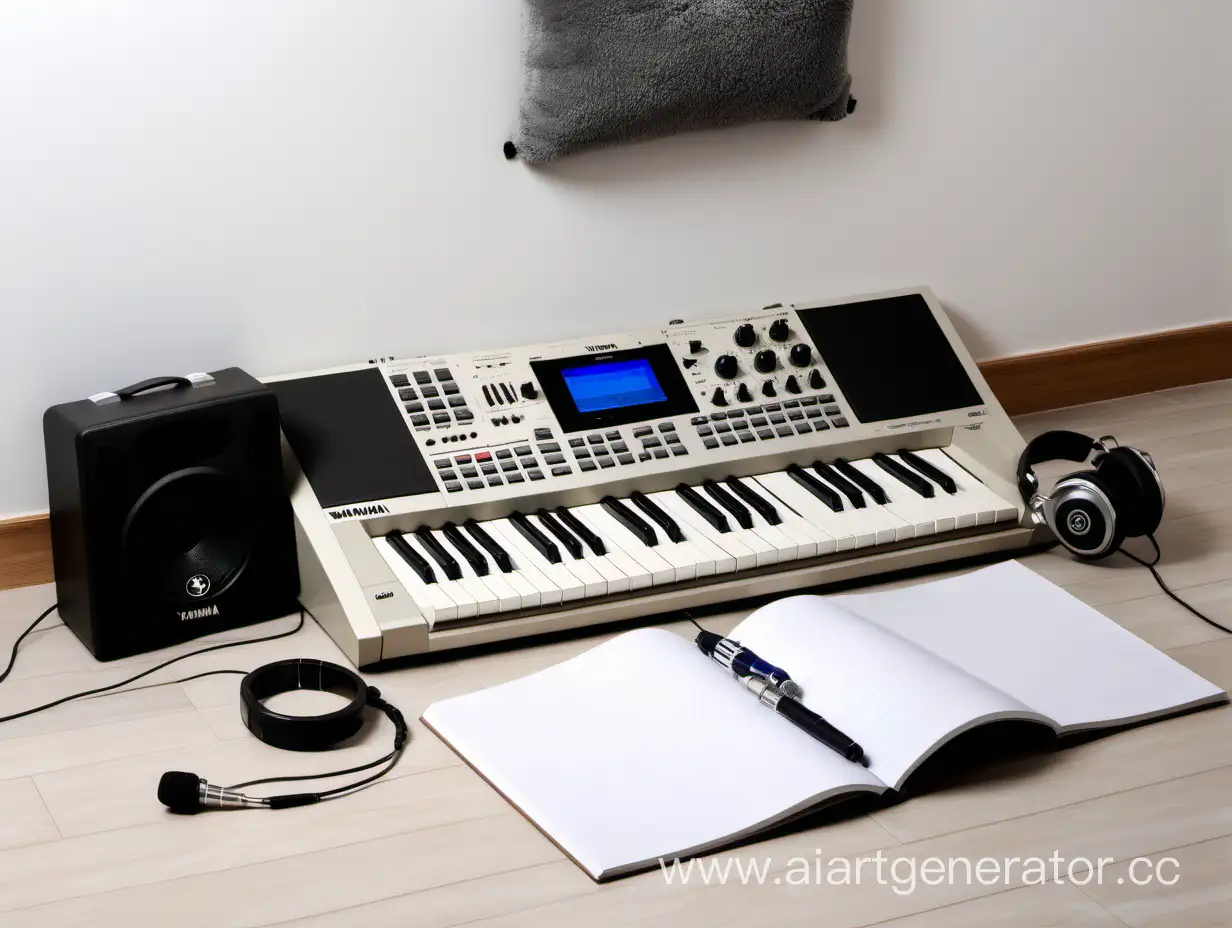 music studio, 
music keyboard Yamaha,
drum machine,
an open notebook,
pen,
microphone,
beige background,
grey wooden floor,
grey carpet on a white wall,
pillows on the floor,
floor and wall view


