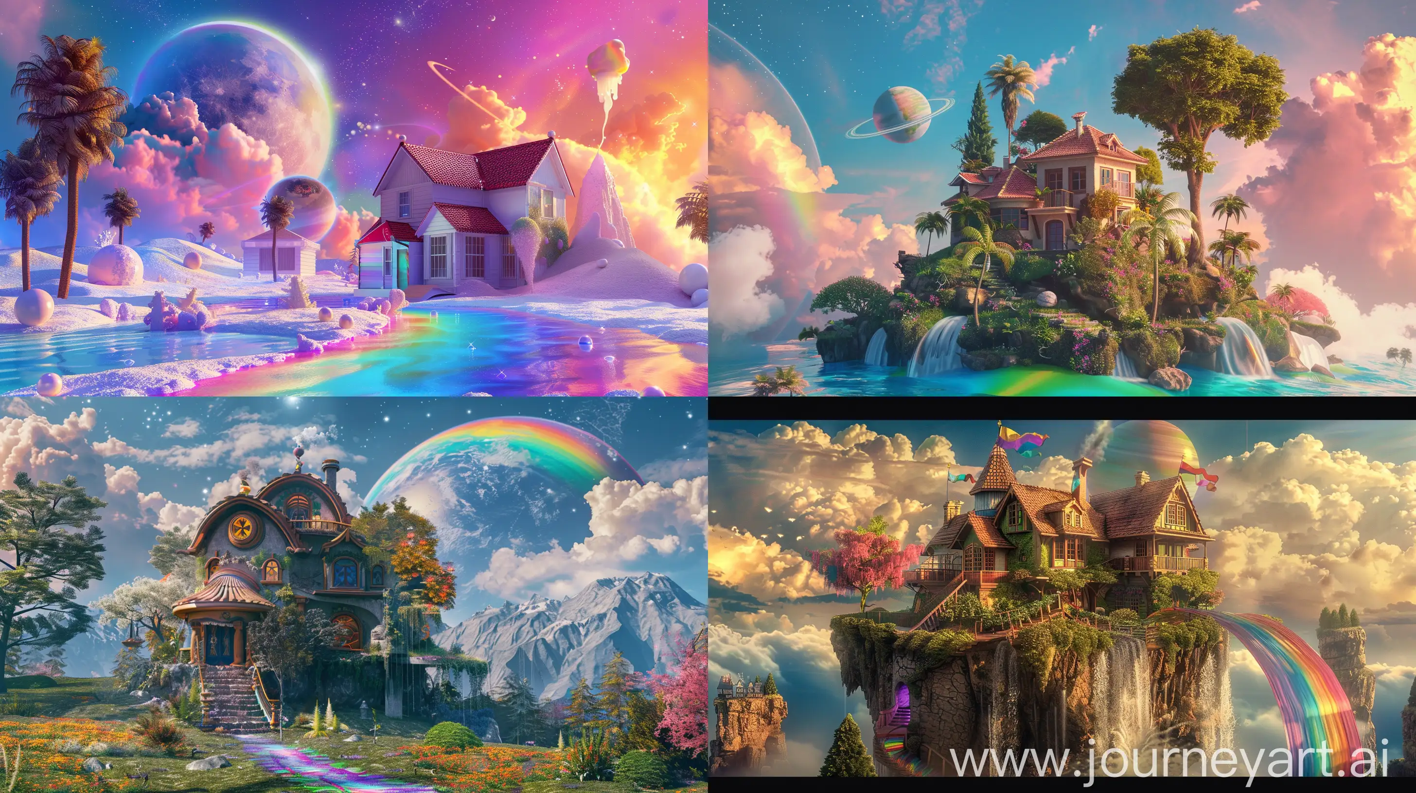 combination of paradise and planet and house and rainbow milk, beautiful, fantasy style, realistic --ar 16:9