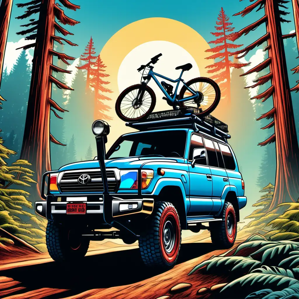 toyota land cruiser coming forward with 2 different color mountain bikes on top rack retro illustration in solid bright colors, blue sky, sun and redwoods