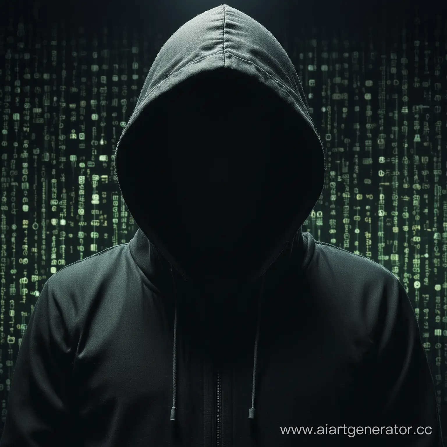 Хакер в капюшоне без лица, темная комната, сзади матрица