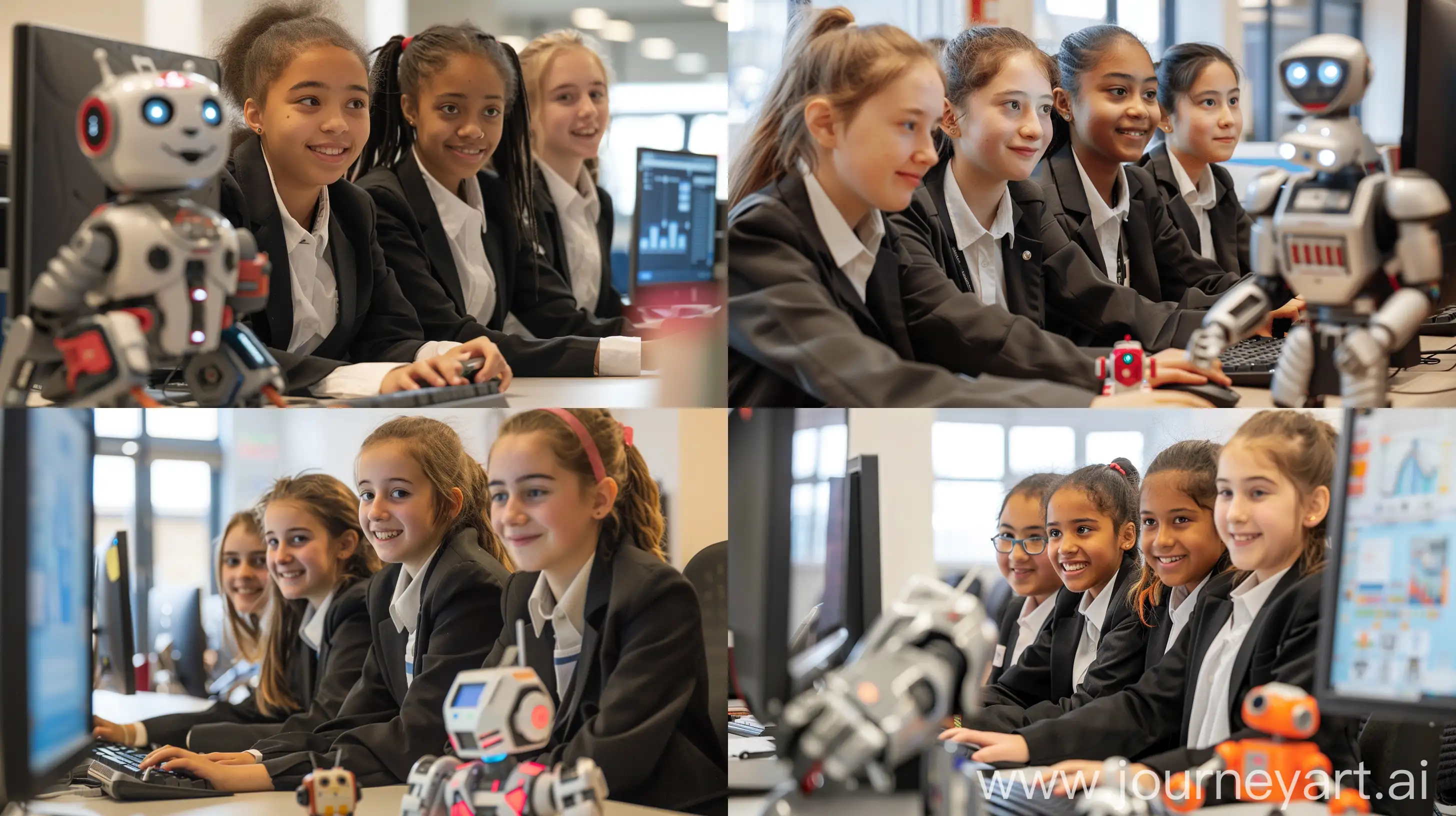 Three British high school girls in a black blazer and white shirt are sat at a computer, they look happy. There is a small toy robot next to them. --ar 16:9