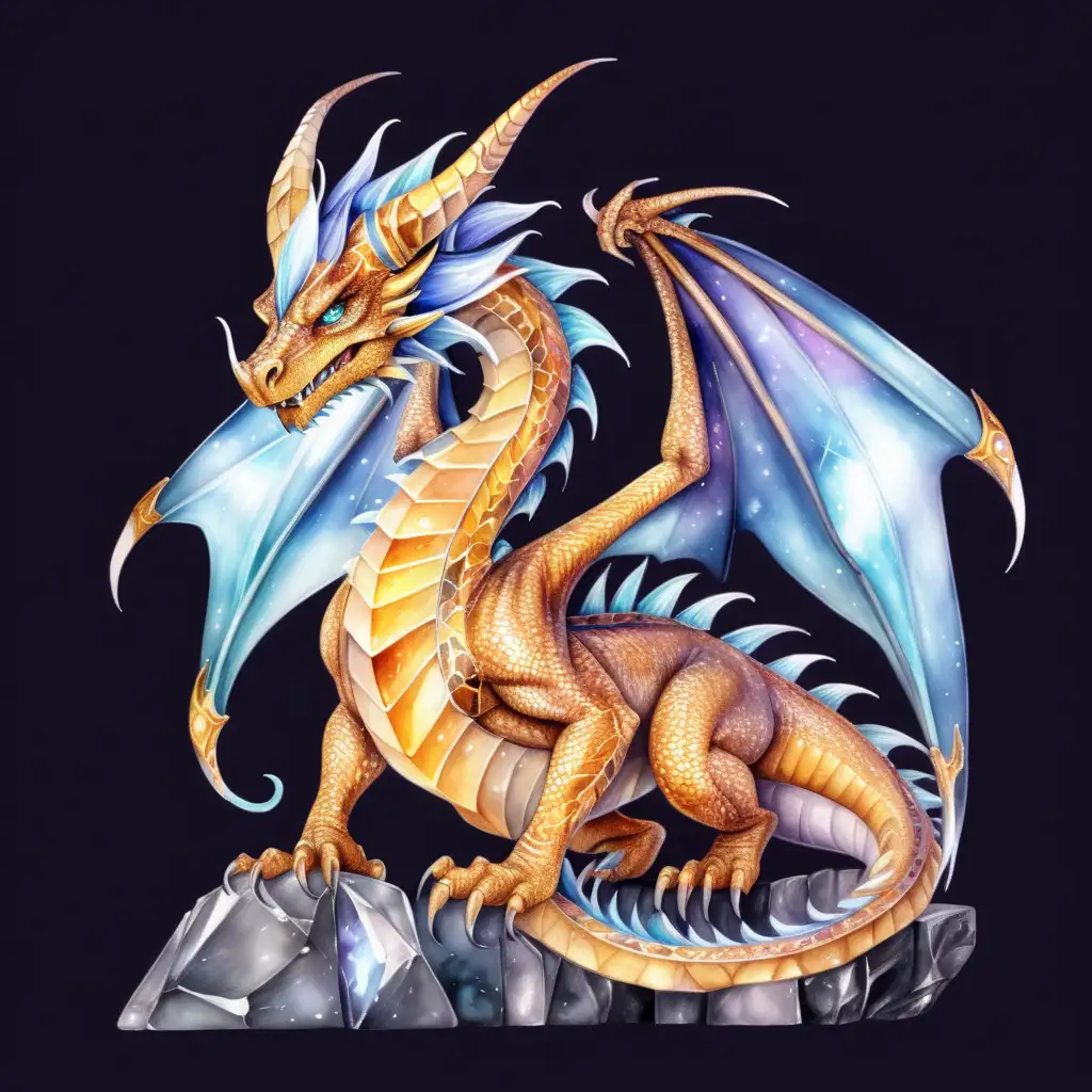 fantasy topaz dragon with gemstone skin, dark watercolor drawing, no background
