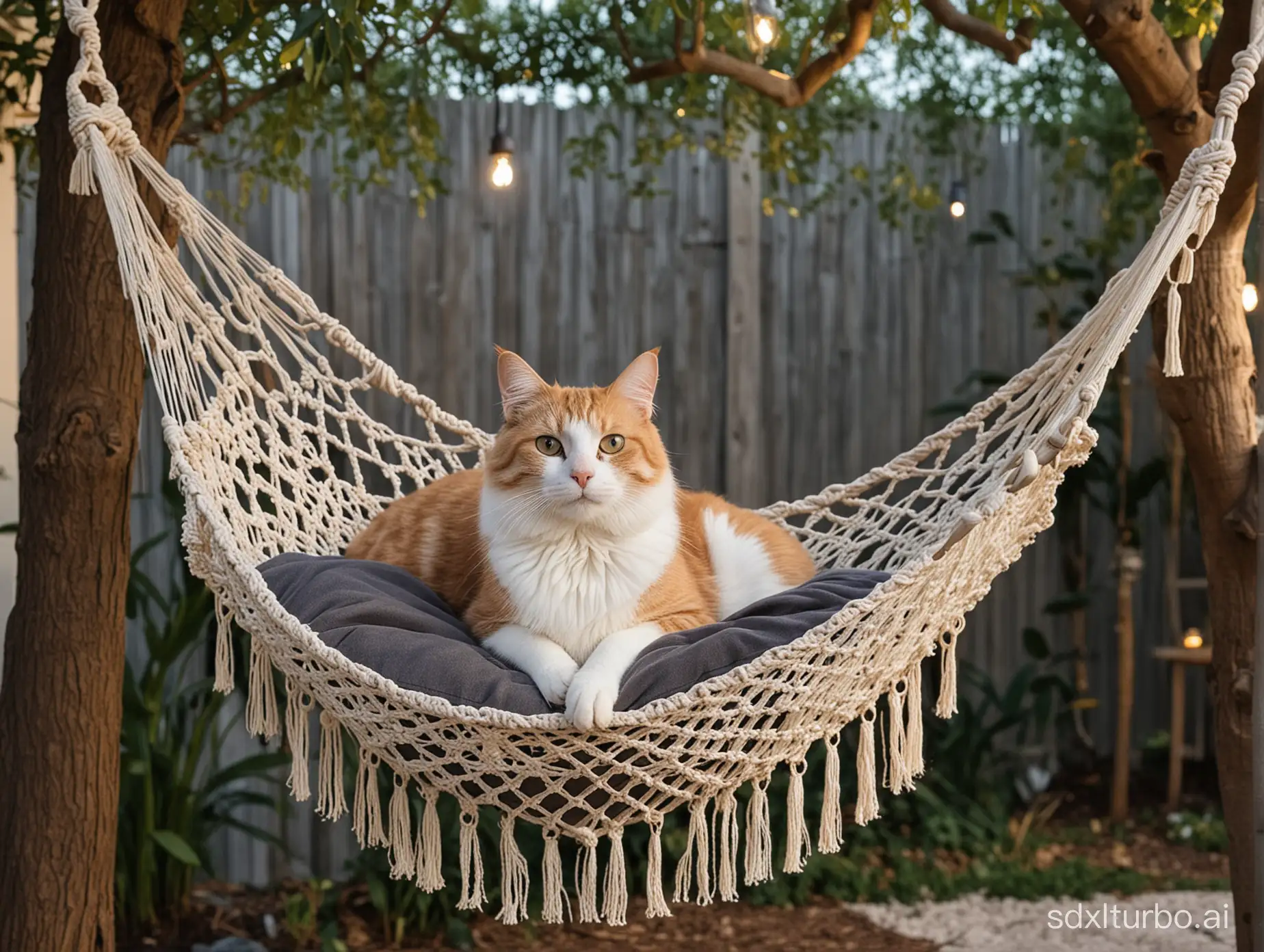 Cat chilling on macrame cat hammock hanging on the tree night yard