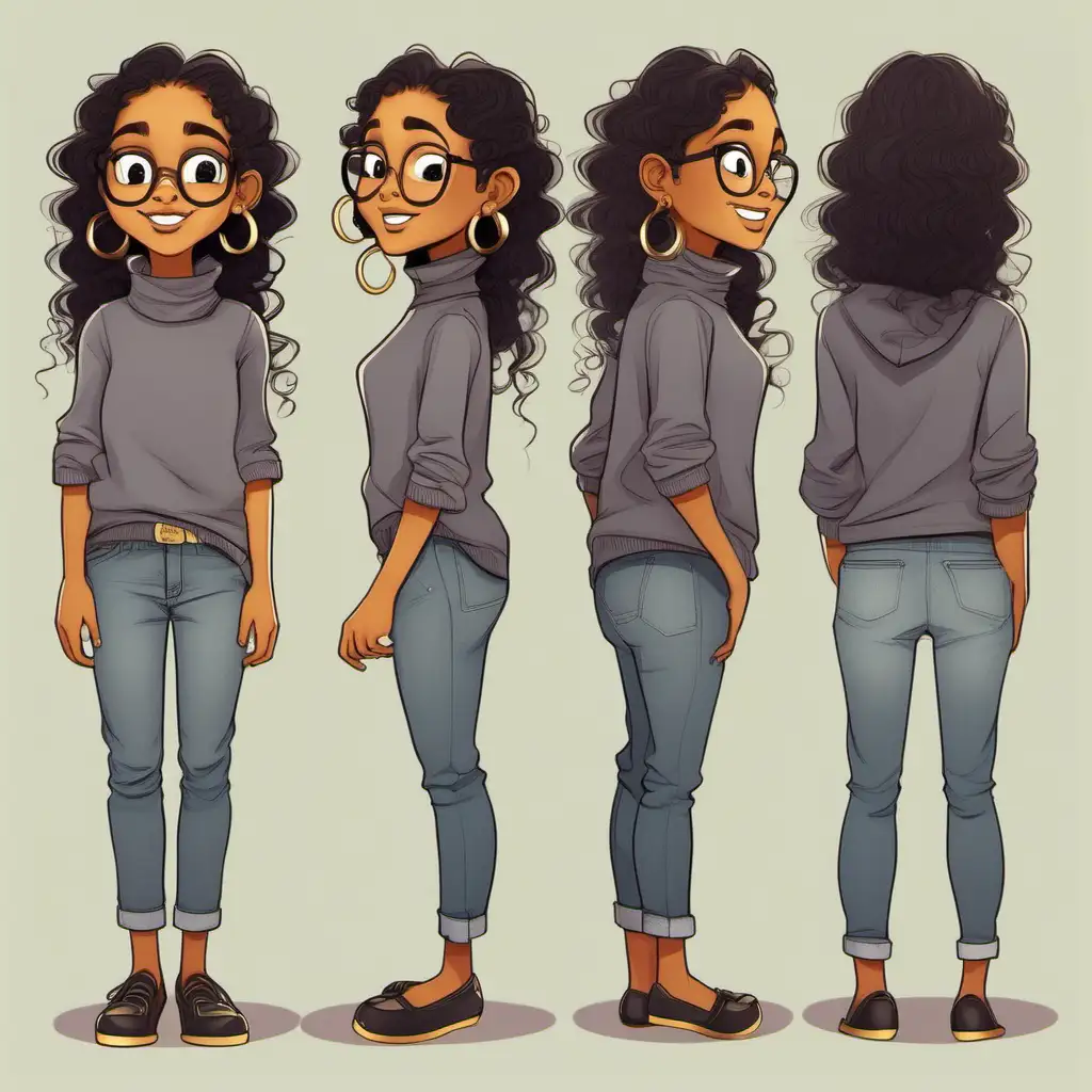 Ghita, character design sheet, cute, Moroccan girl, hair down, black turtle neck, glasses, gold hoop earrings, grey jeans, whimsical children’s book illustration, flat color, full body, multiple poses and expressions, character concept, –no outline –upbeta