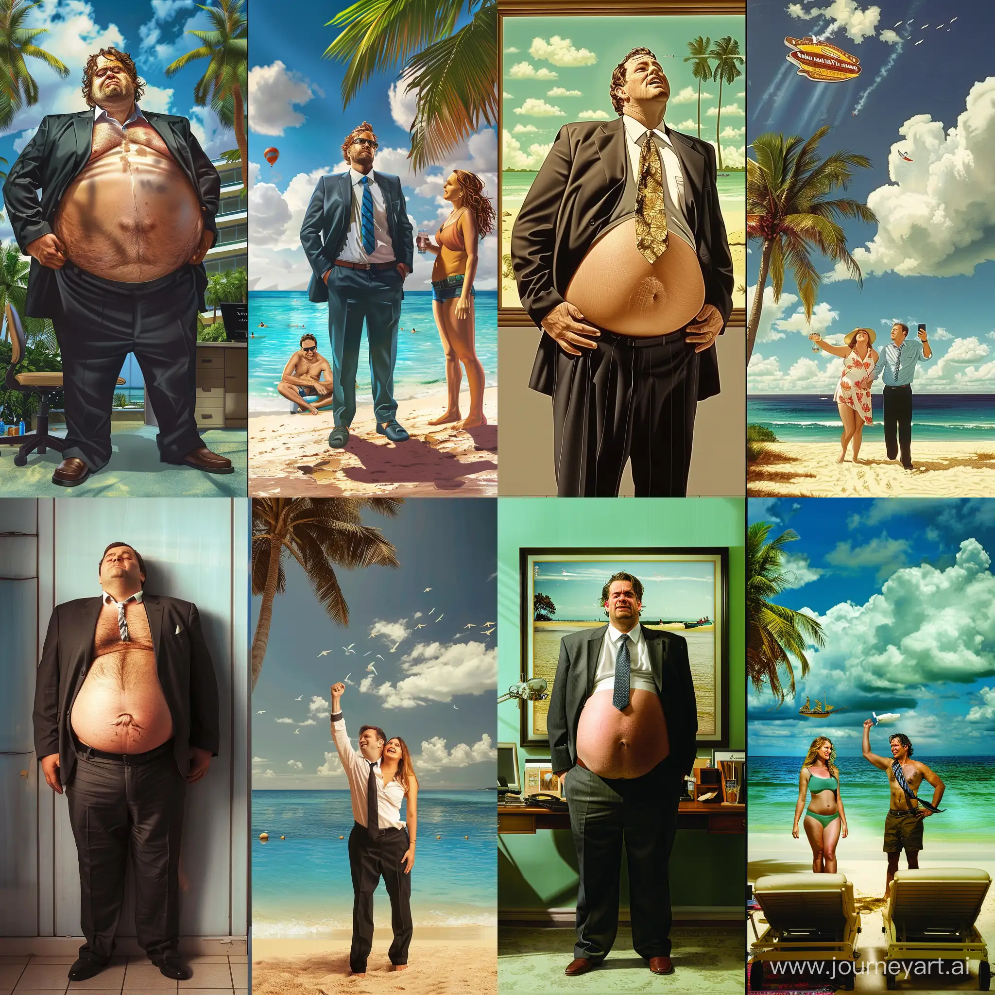 Please make a realistic picture of a guy who is fat in an office wearing a suit with his belly sticking out and his life looks dull and he is in pain versus a guy on vacation enjoying his life with his wife  and they are just having the time of their life