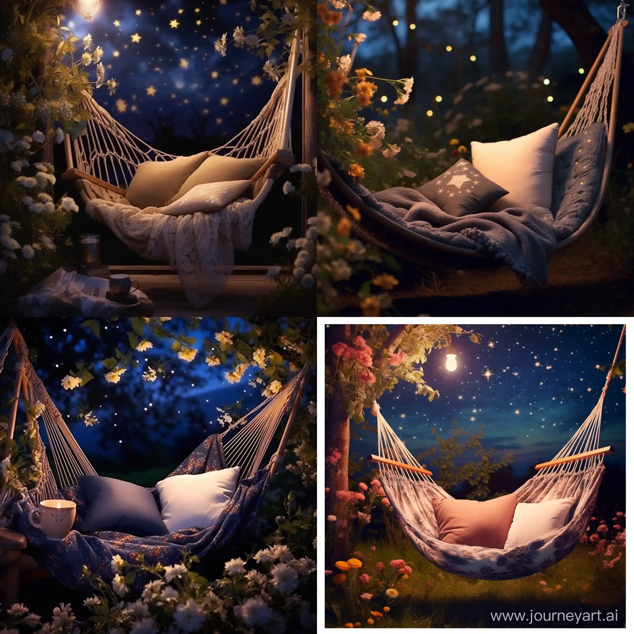 подушка и одеяло в гамаке, в цветущем саду, ночь, полумесяц луны, звёзды на небе, суперреализм, профессиональное фото, мелкие детали, детализация, красиво