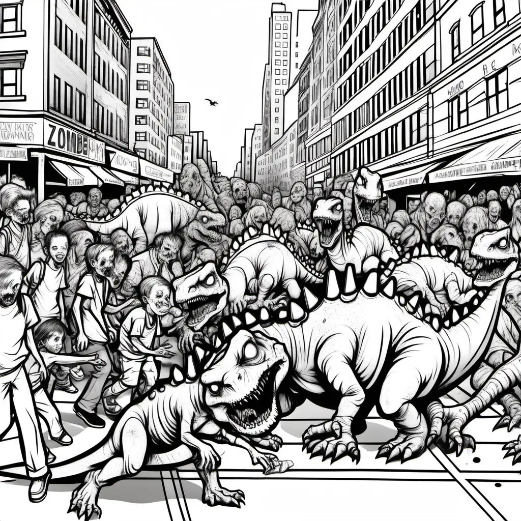 zombie dinosaurs eating people on the street NYC near a crowd of people, dark lines, no shading, coloring pages for children
