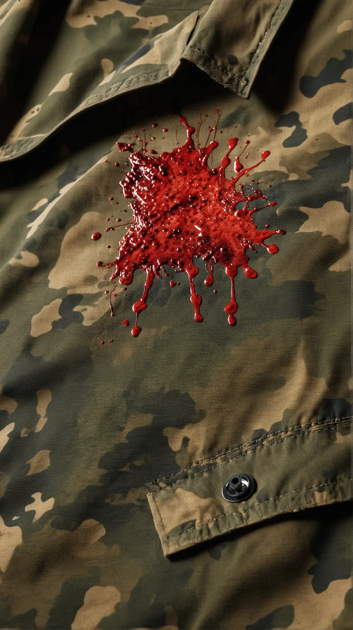 Chemise militaire treillis avec une tâche de sang vue de très près
