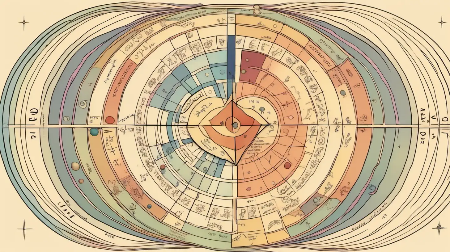 asrological wheel, pluto opposite venus, heart shapes, loose lines, muted colors