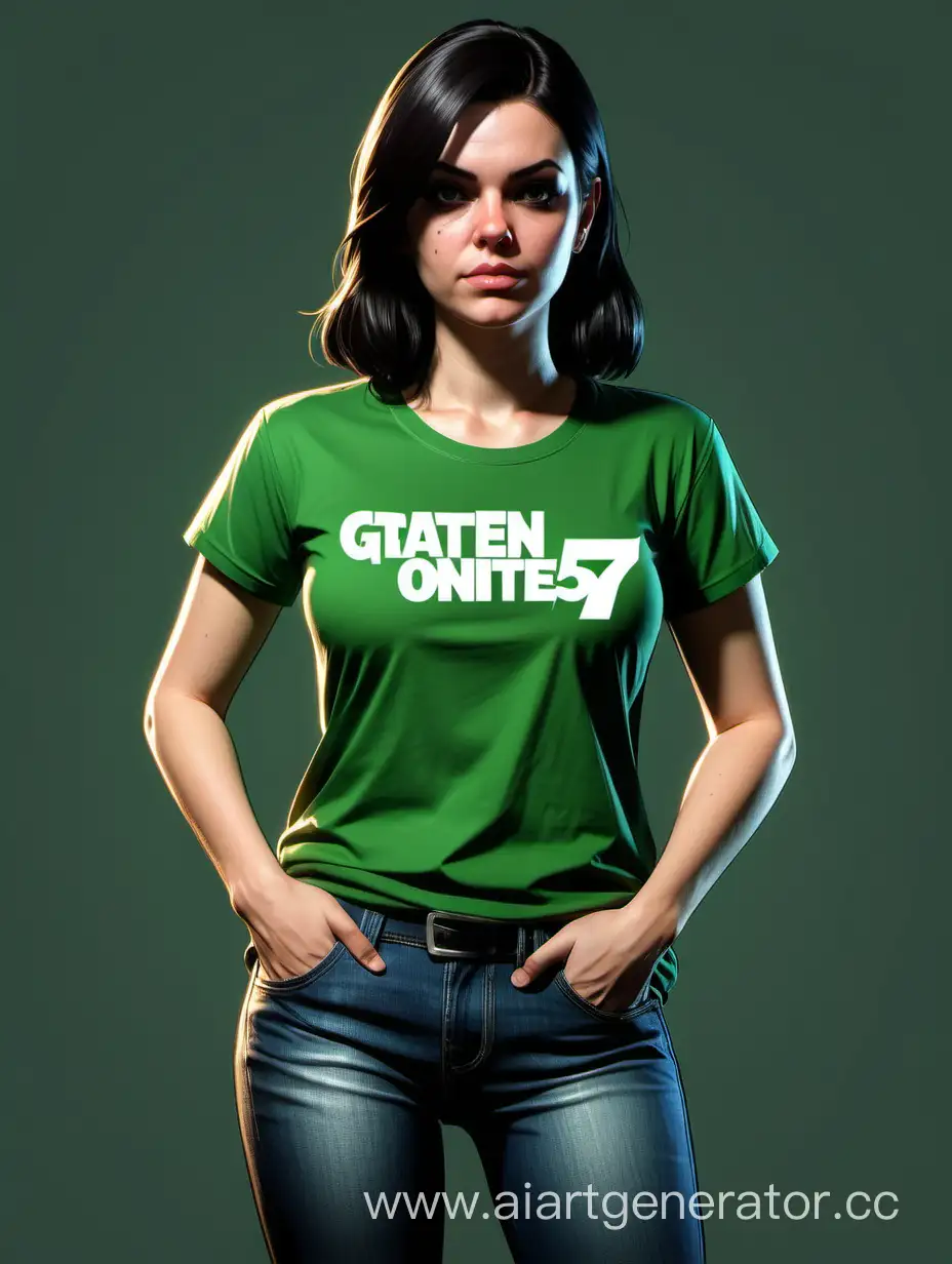 Нарисуй девушку в зелёной футболке в стиле гта 5 оналйн, в полный рост тёмные волосы