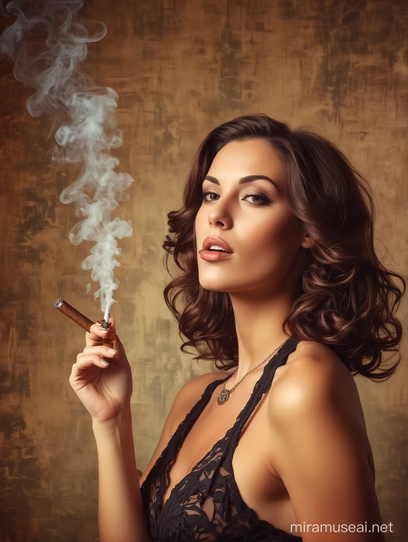 sexy women smoking cigars with vintage background
