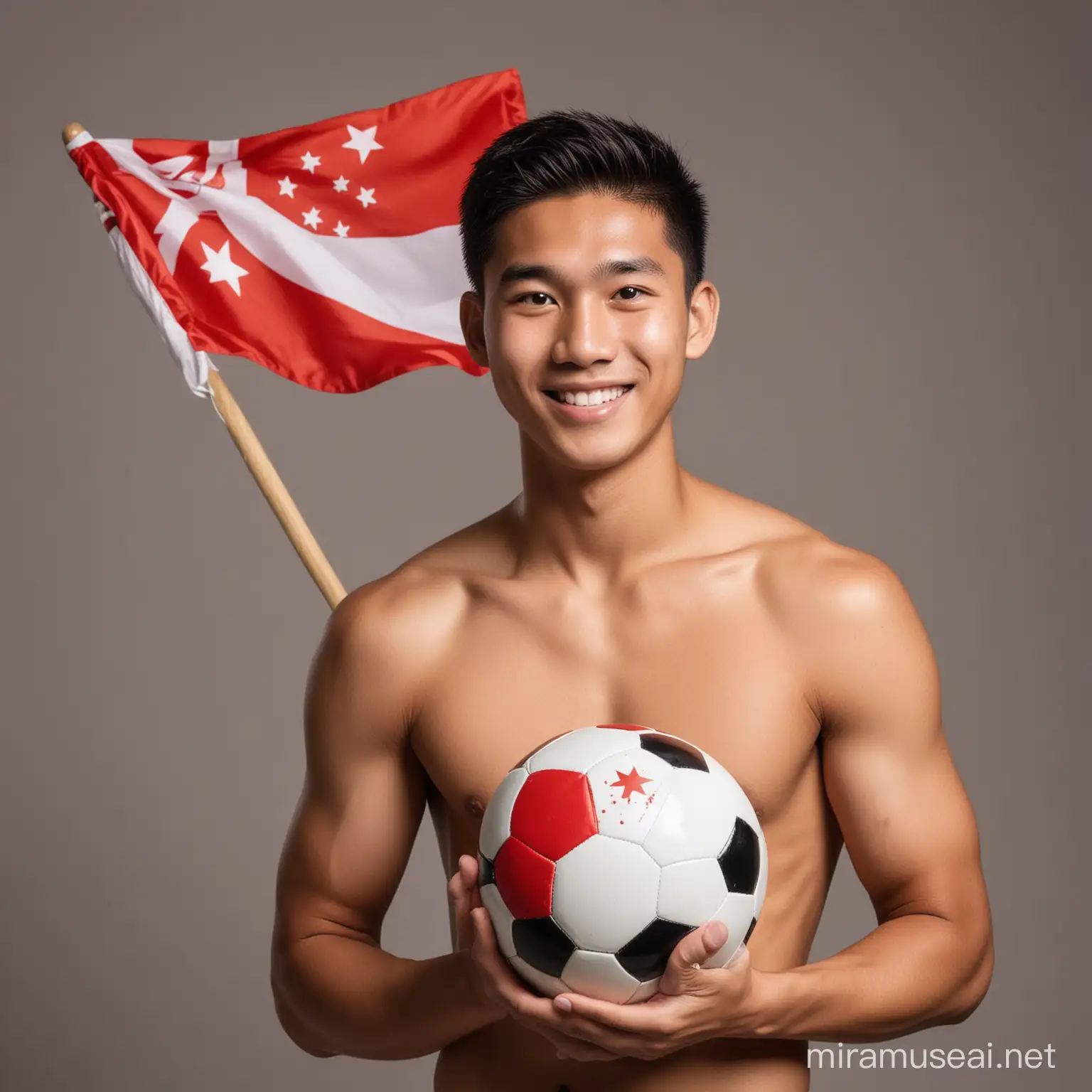 A Singaporean male student in a Singapore school uniform, shirtless, stands and holds a soccer ball. Smiling showing dimples on the cheeks, show Singapore flag on top left conner