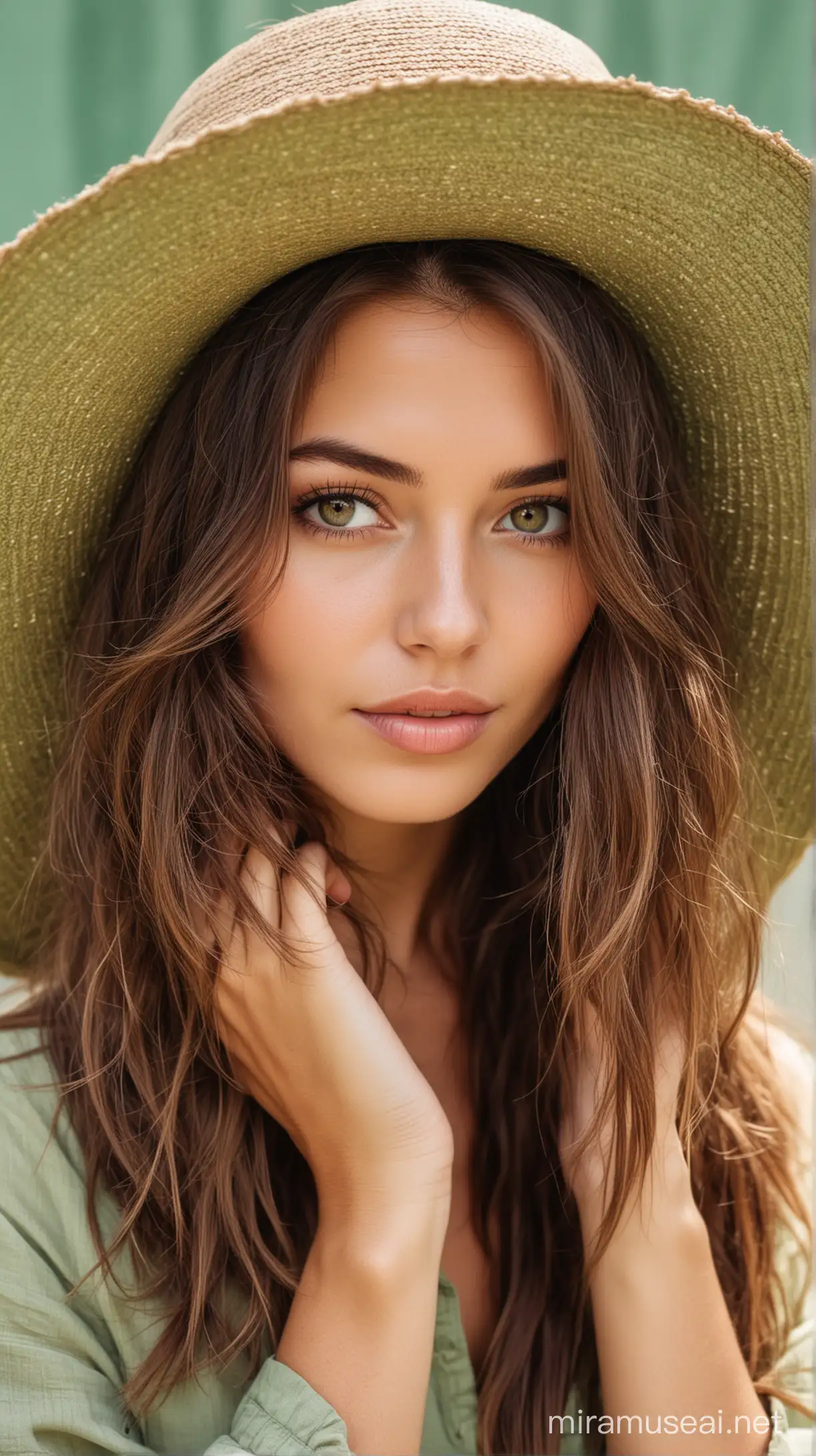 a real photo of a beautiful brown hair woman in boho style with a strawhat covering half of the face. light green, sand colour