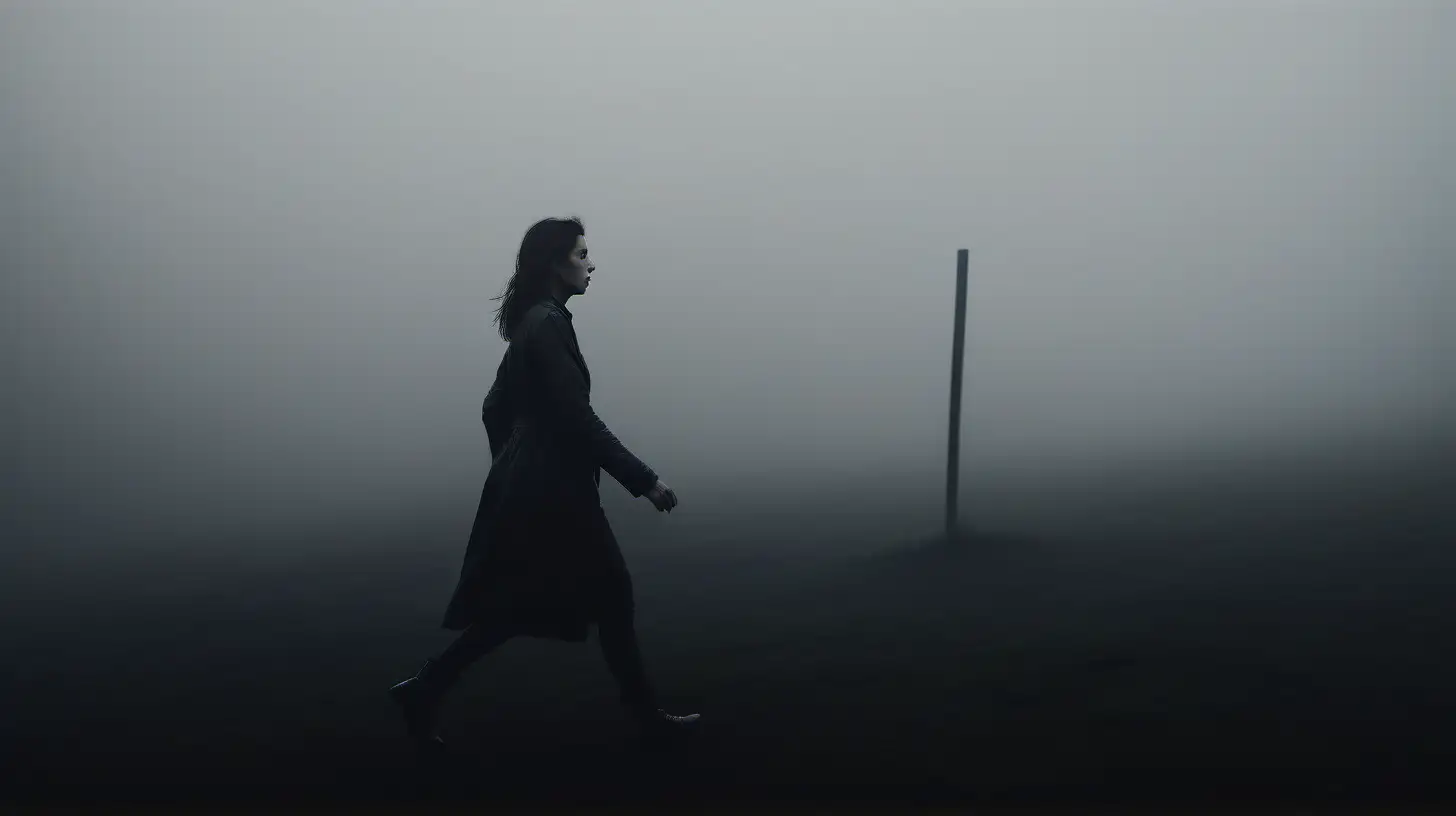 ultrarealistic portrait  women alone walking fast from side in land view fog  darkness horizon