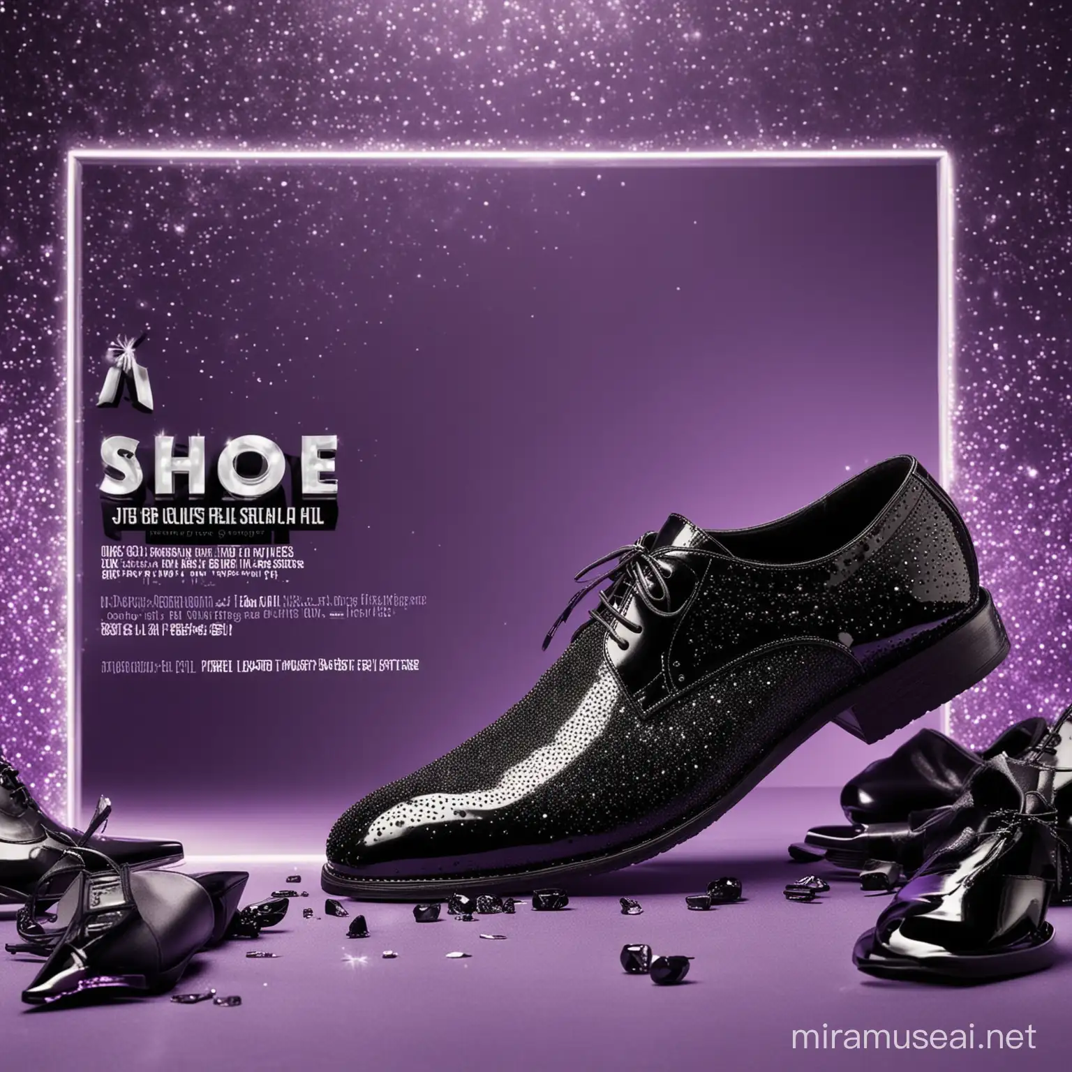 a shoes men ad with balck shoes in the middle nd sparkling background. with tagline in the front a little purple as well. written in front of it "Buy Now!" limited stock available. the background must give  a lokk of a shoes store