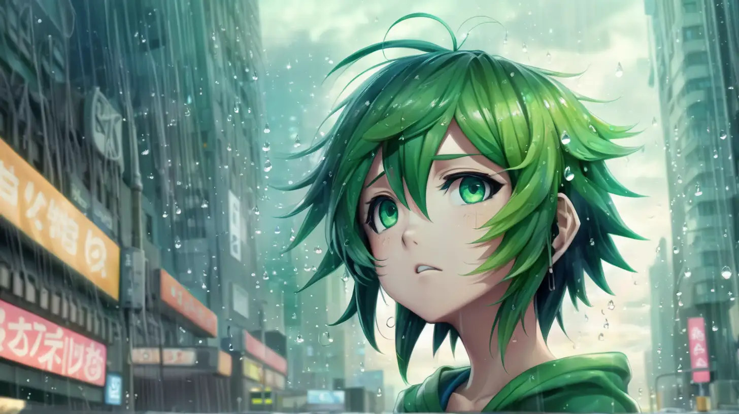 GUMI vocaloid face. Raining city theme. Makoto Shinkai art style. No imperfections.