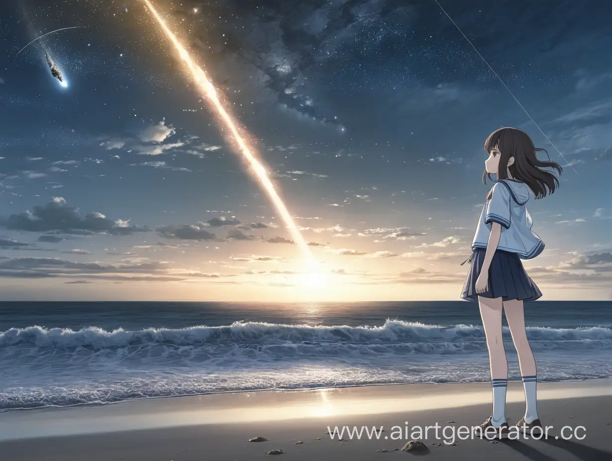 ##Anime. The girl is standing on the seashore. A meteorite is flying over it. The sky is dark. The sun is no longer visible