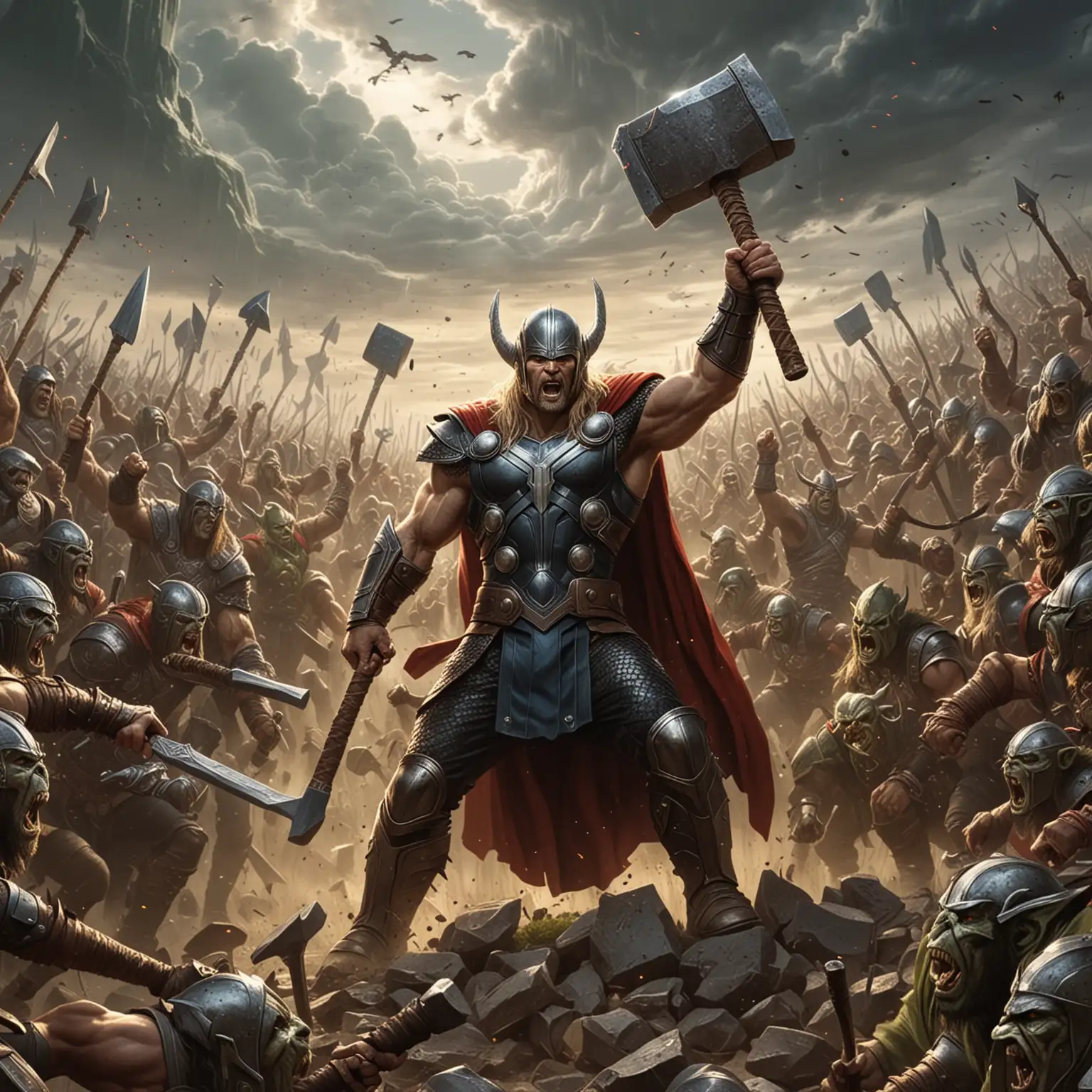 Valiant Norse God Thor in Armor Battle with Orc Horde