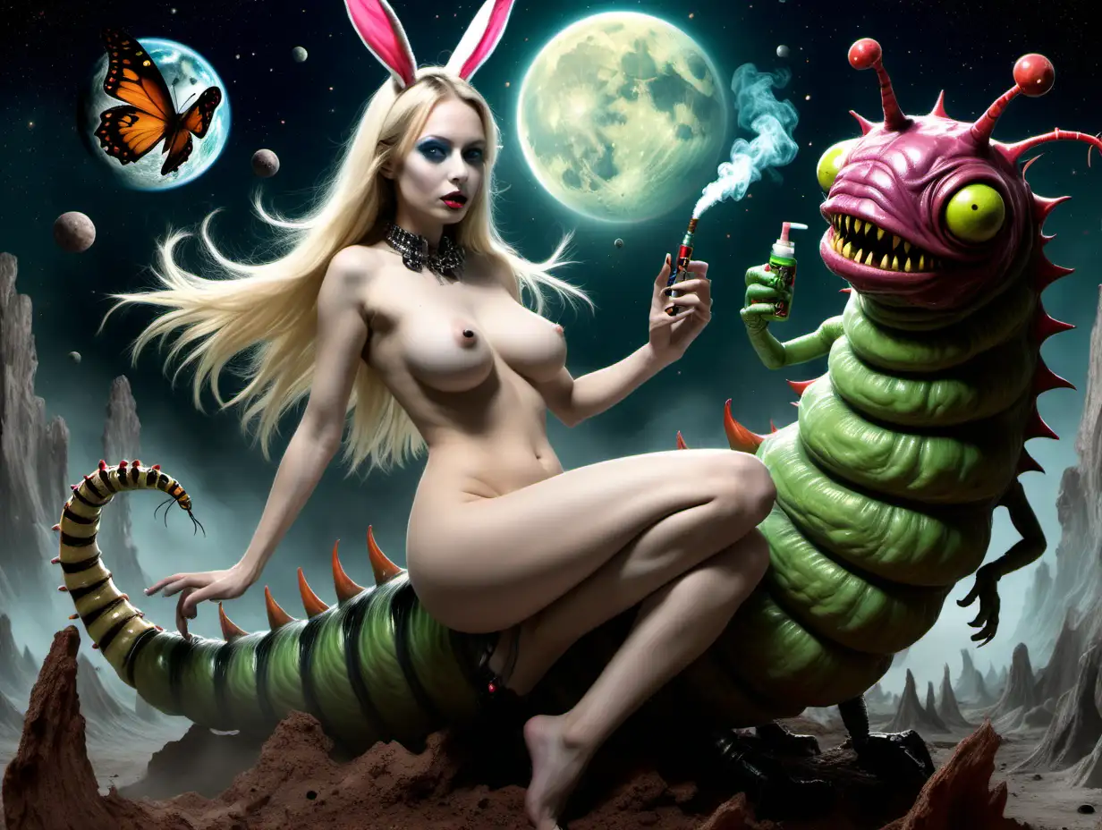 Nude Alice and a hookha smoking catipillar riding a monster from outer space