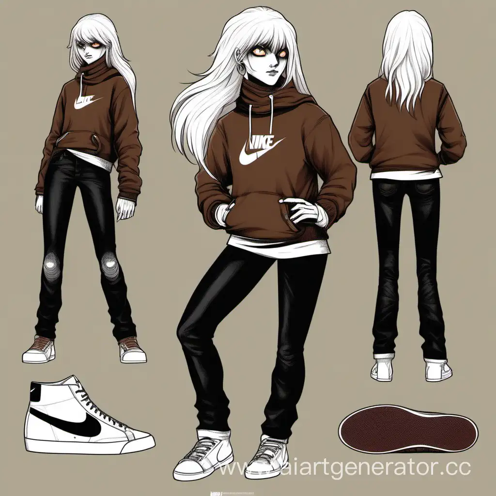 A girl with white hair cut into a mullet with long bangs. Short lady. One of her eyes is completely white, without a pupil. Girls fandom Creepypasta. The girl is wearing a wide brown crew-neck sweater and wide, long dark brown jeans, a small silver chain around her neck, and a black fingerless glove on her right hand. Her sneakers are Nike Blazer Mid CI1167-001. Stands at full height. image in color.