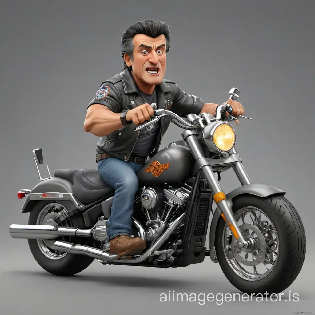 Photo realistic caricature 3d cartoon render, Sylvester Stallone riding Harley Davidson, gray background, 16k, high resolution