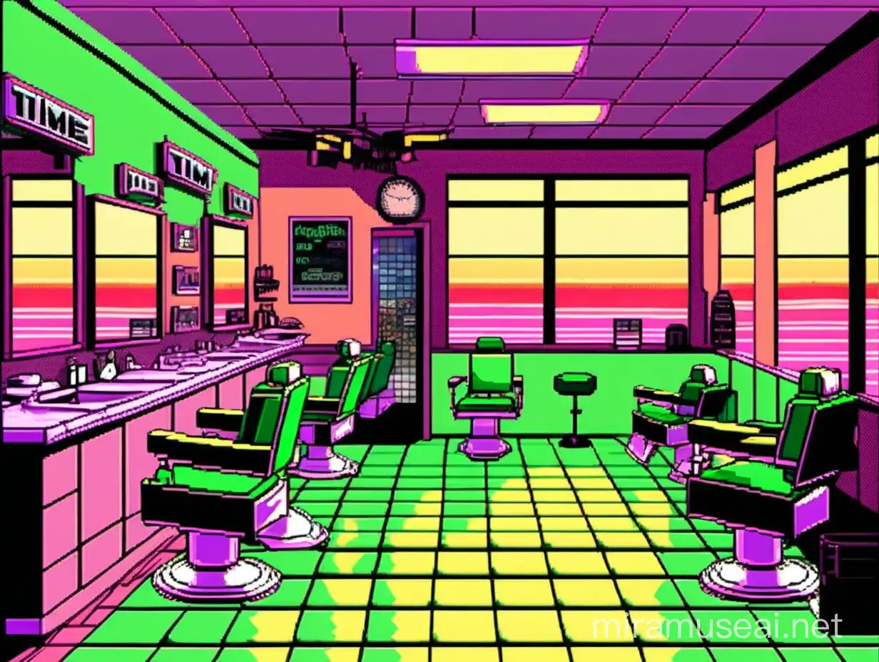 The interior of a simple barbershop in Miami in the 1980s, pistachio green colour scheme, pixelated style of a Sega Genesis videogame, time of day is sunset, image resolution is 320 pixels by 224 pixels, pastel colour palette