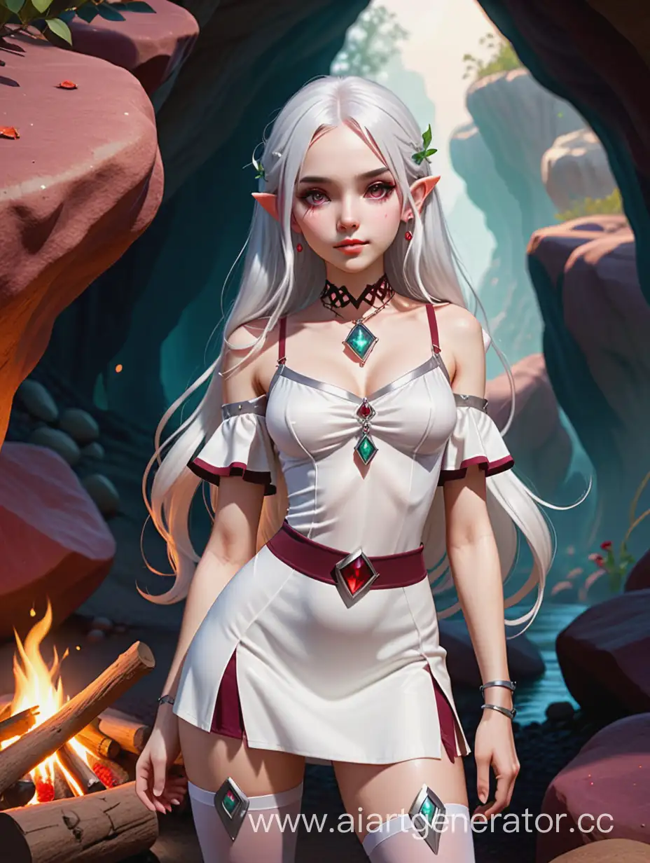 Elfin-Girl-Customizing-Character-in-Cave-by-Campfire
