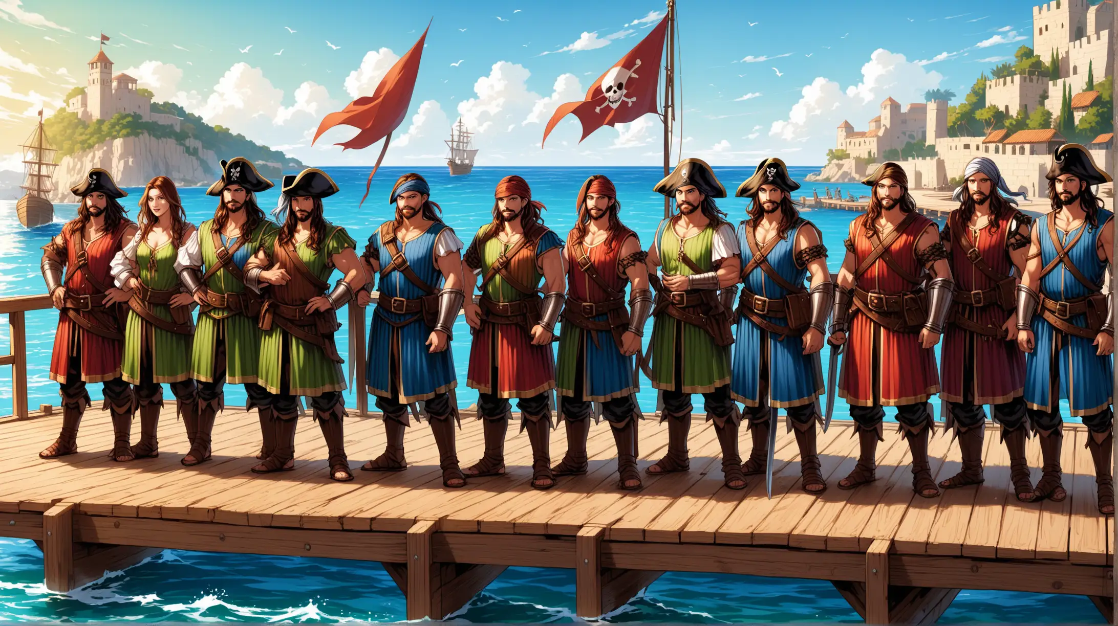 line-up crew of pirates gladiators and wizards, men and women, Mediterranean, wooden dock, Medieval fantasy