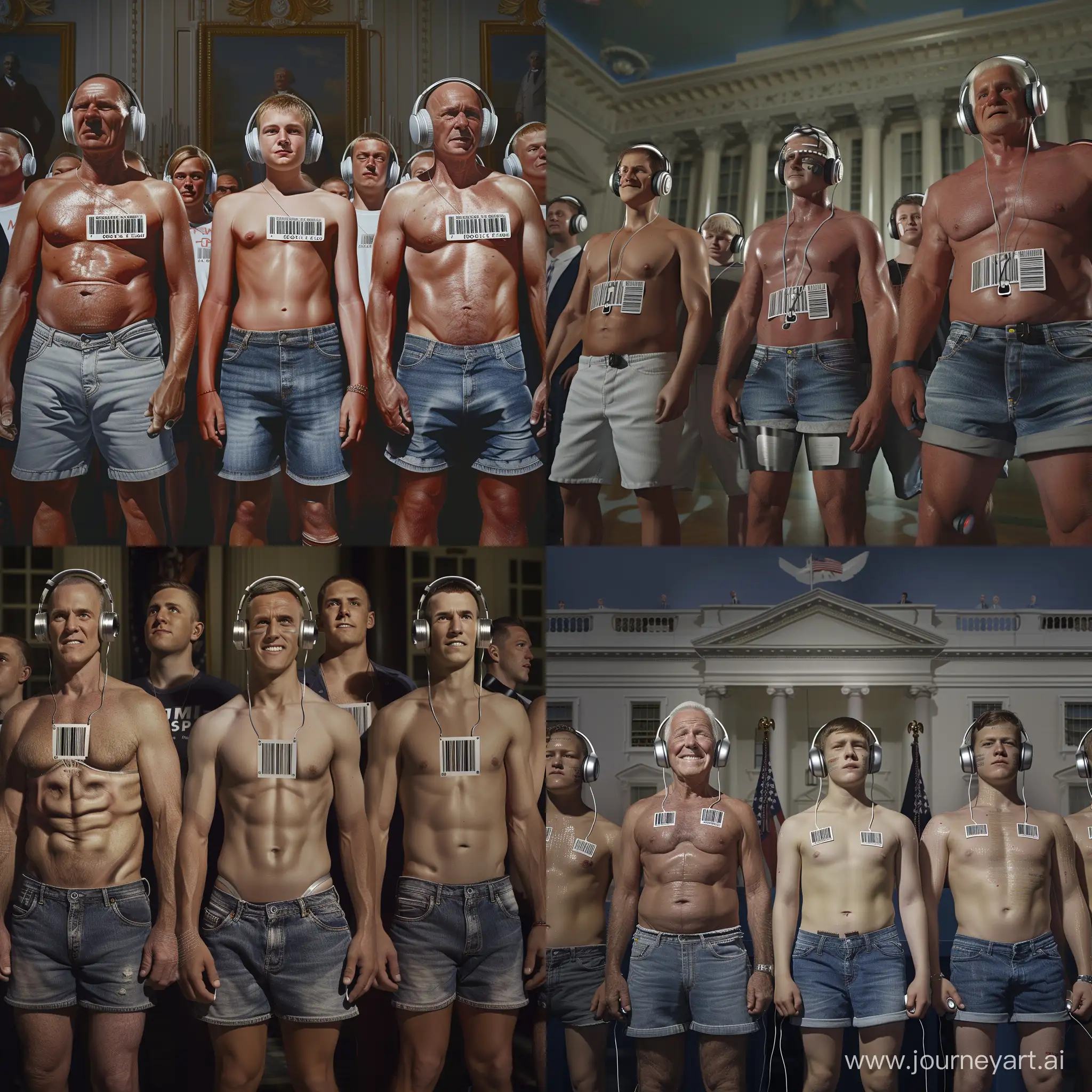Handsome muscular middle-aged men and handsome muscular college-age boys each wear silver headphones and fitted denim cutoff shorts, dazed smiles, small barcode attached to each man's chest, White House press conference setting, facing the viewer, mass indoctrination, color image, hyperrealistic, cinematic