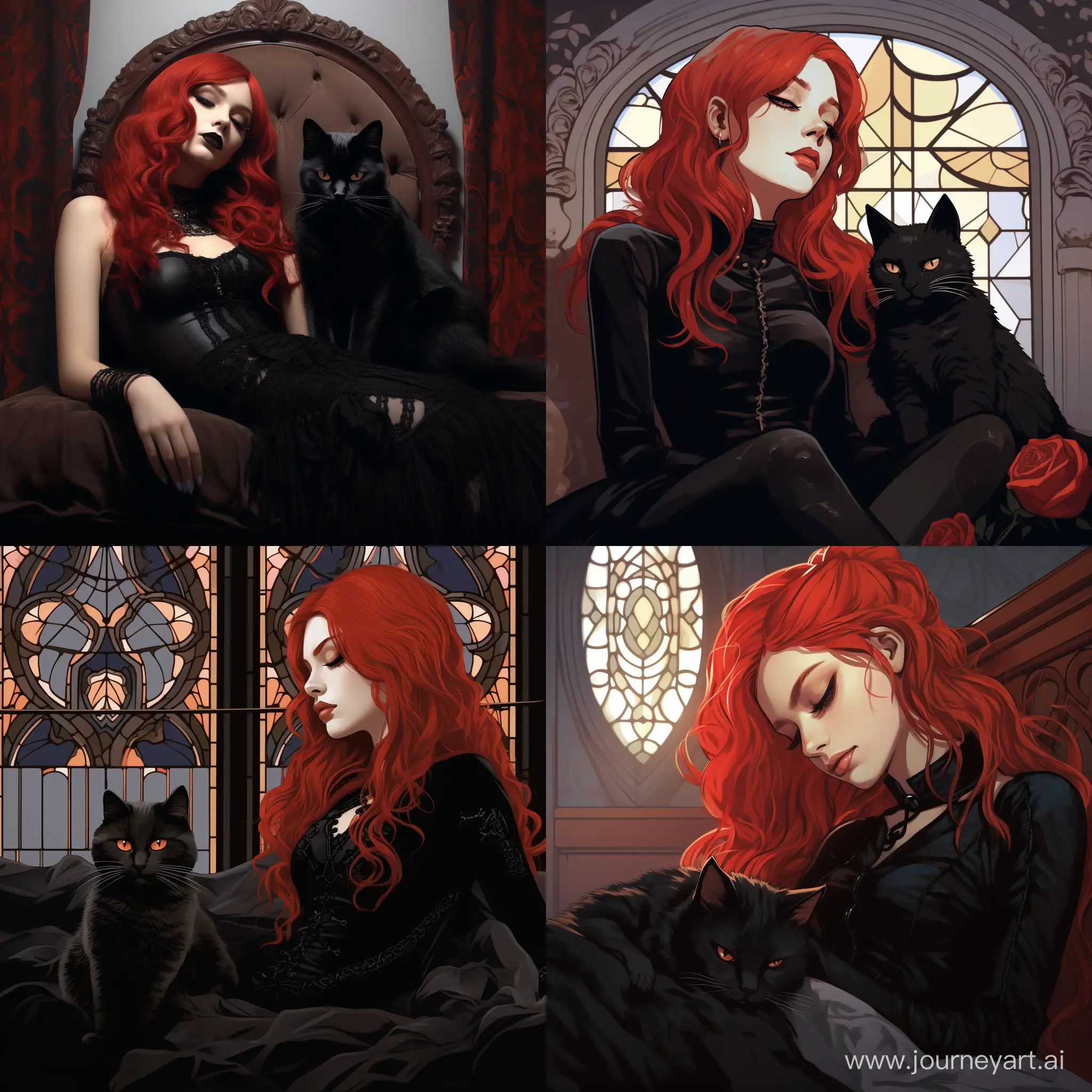 Enchanting-RedHaired-Gothic-Girl-Sleeping-Beside-a-Stylish-Gothic-Cat
