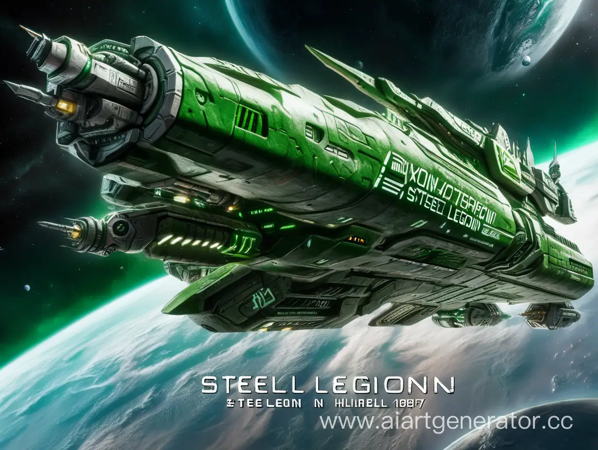 огромный космический корабль в космосе с надписью на корпусе корабля STEEL LEGION зеленым цветом на фоне боя