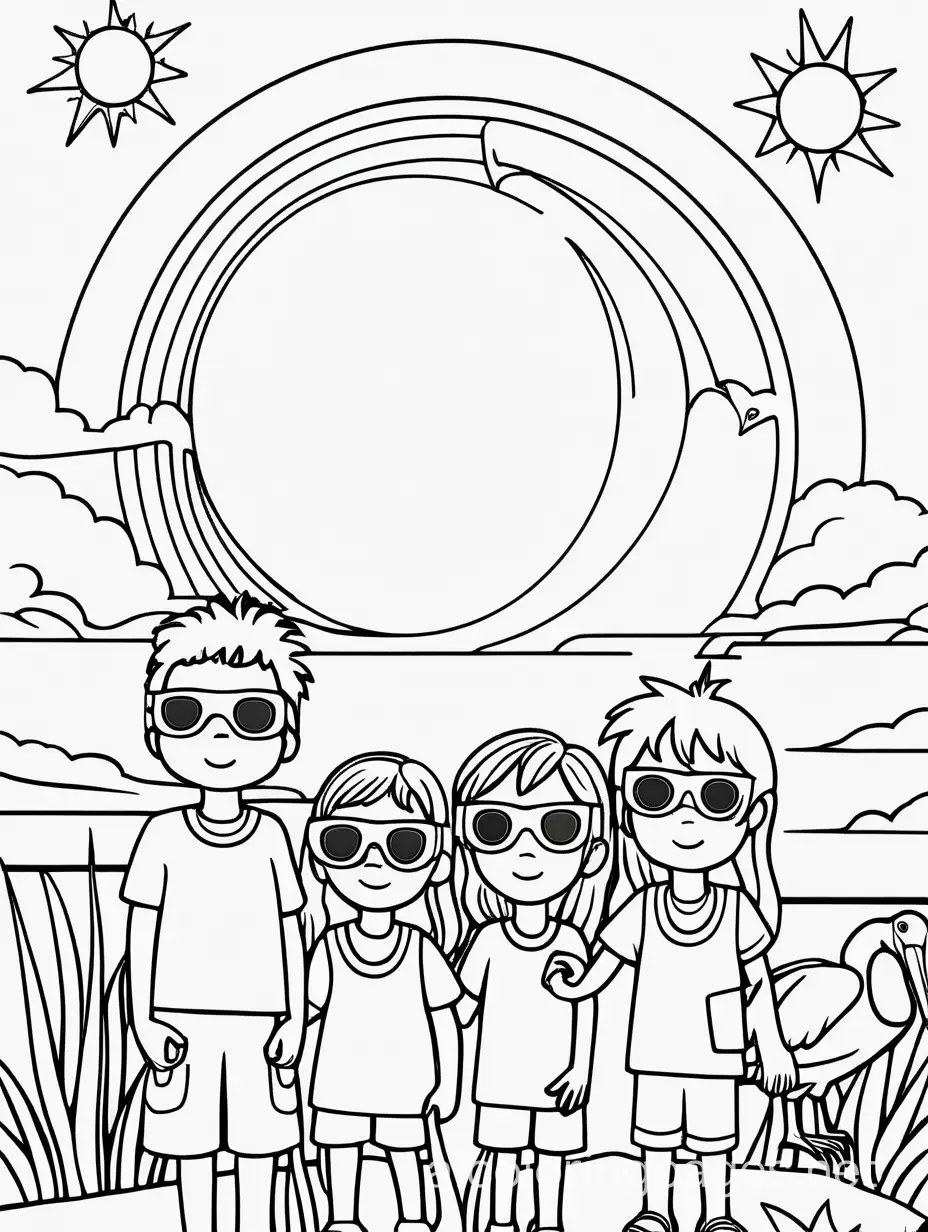 solar eclipse with children and pelicans together watching the eclipse while wearing solar eclipse glasses  coloring page, Coloring Page, black and white, line art, white background, Simplicity, Ample White Space. The background of the coloring page is plain white to make it easy for young children to color within the lines. The outlines of all the subjects are easy to distinguish, making it simple for kids to color without too much difficulty