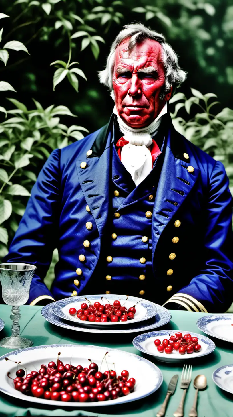 Design a funny color and  vivid image of President Zachary Taylor's sitting at a dinner table in the garden. on the table are multiple plates and glasses with unfinished cherries.  his face in showing pain and dispare
