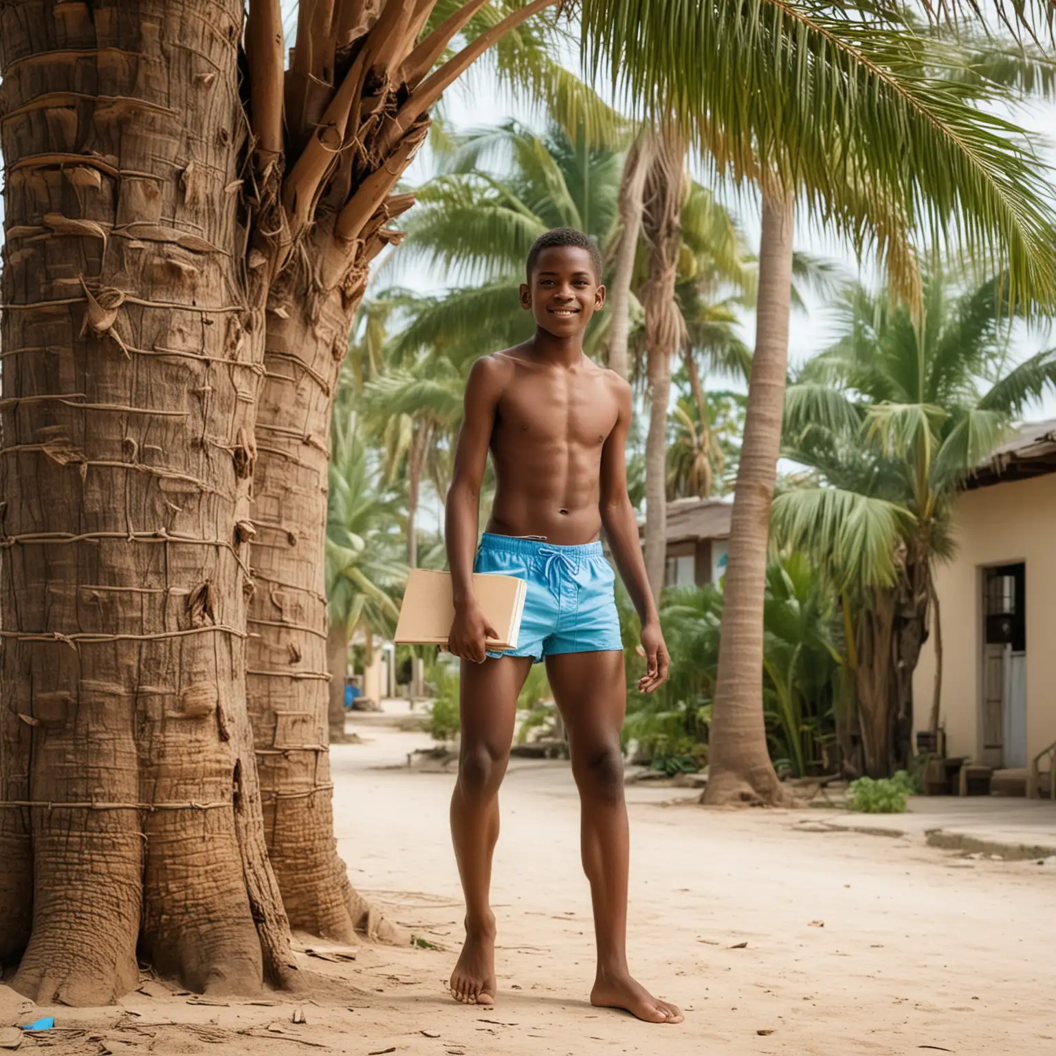 shirtless black boy barefoot with blue shorts holding book in village palm tree